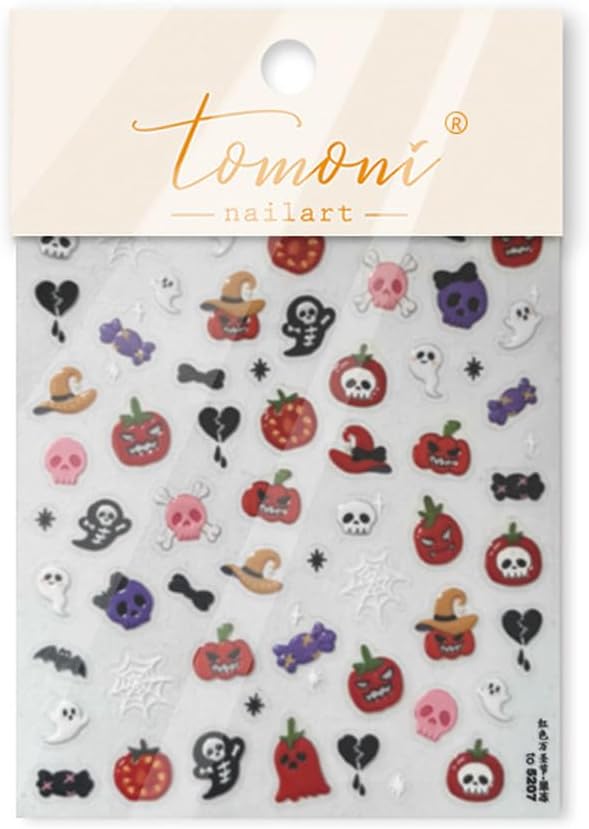 5D Halloween Nail Stickers Halloween Nail Decals Self-Adhesive Evil Tomato Pink Skull Cute Ghost Spider Web Broken Heart Nail Design DIY Holiday Nail Decorations for Women Kids Party 1 Sheet