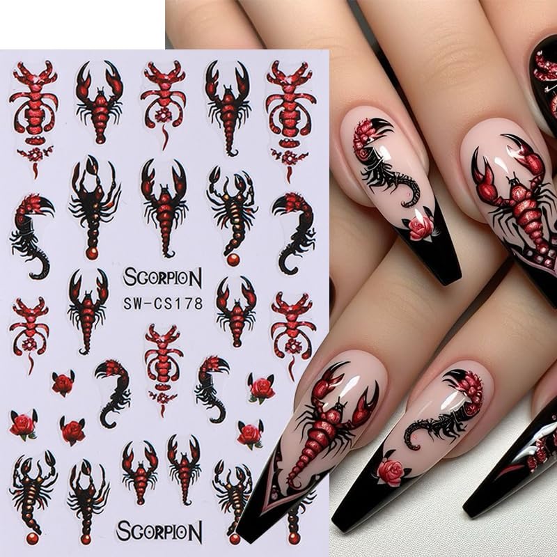 8 Sheets Halloween Nail Art Stickers Horror Ghost Spider Scorpion Nail Design Stickers Decals 3D Self Adhesive Pumpkin Spider Web Gothic Nail Decals for Women DIY Halloween Nail Decoration Supply
