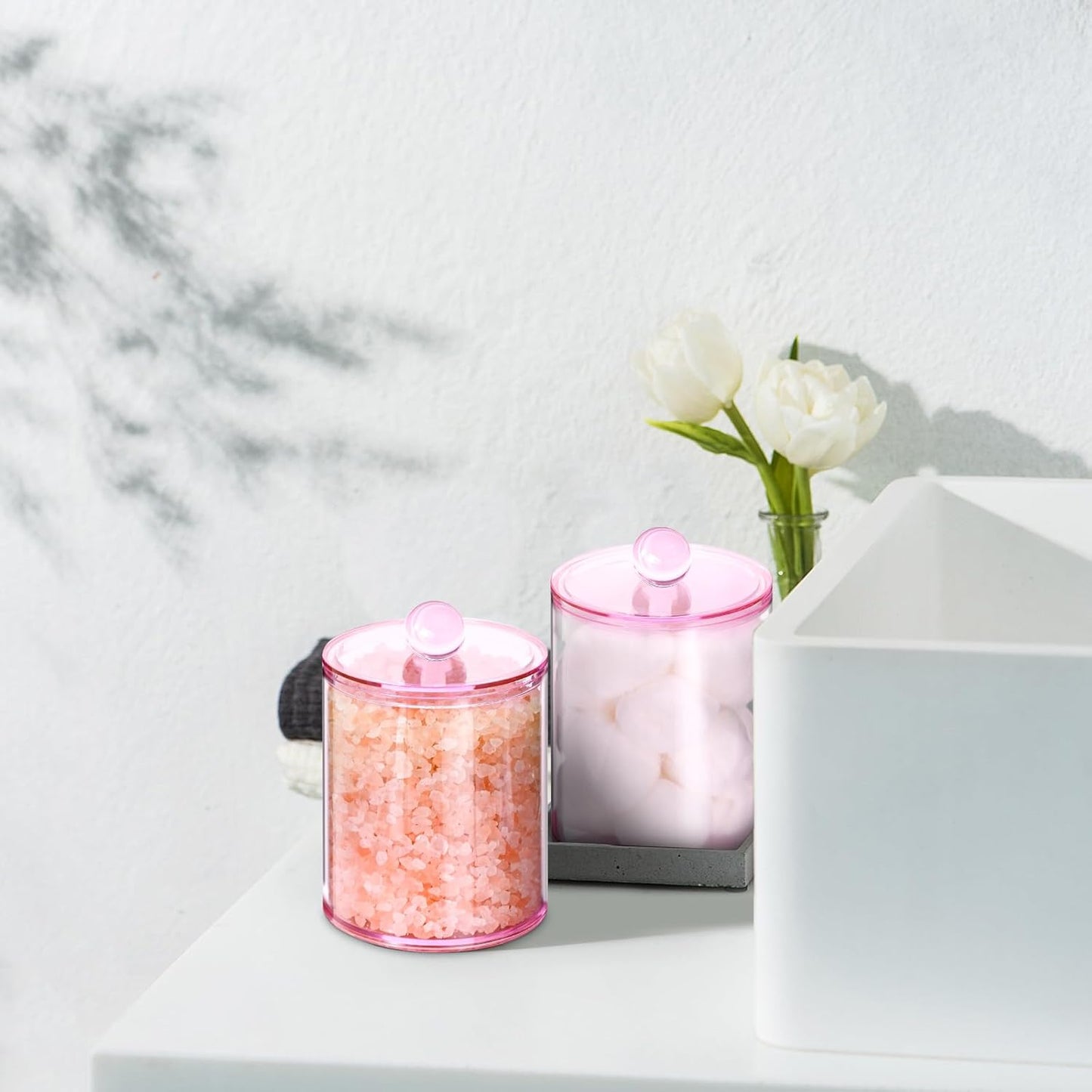 4 Pack Qtip Holder,Canister Apothecary Jar Set, Bathroom Jars with Lids Set for Cotton Swabs, Balls, Pads, Floss Picks,10oz-12oz Plastic Canisters Restroom Bedroom Vanity Organizer(Pink)