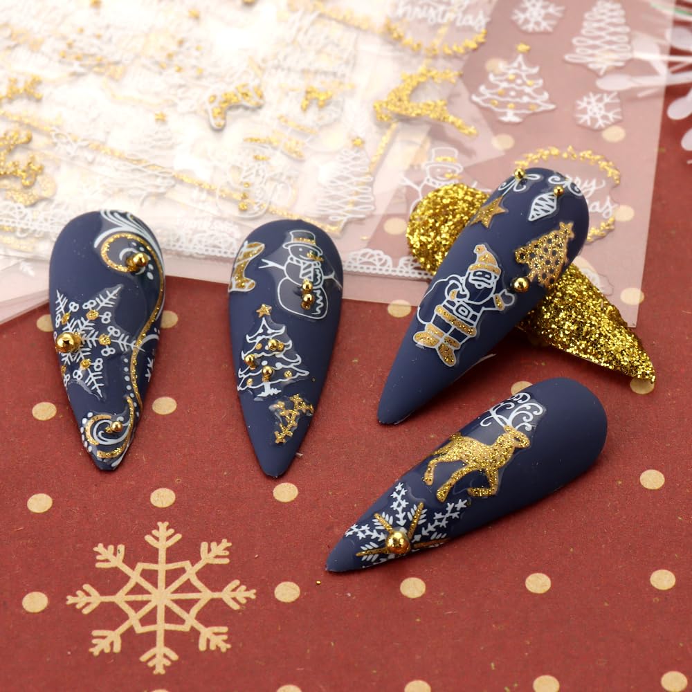 JMEOWIO 9 Sheets Christmas Nail Art Stickers Decals Self-Adhesive Pegatinas Uñas Bling Snowflake Snowman Holiday White Gold Nail Supplies Nail Art Design Decoration Accessories