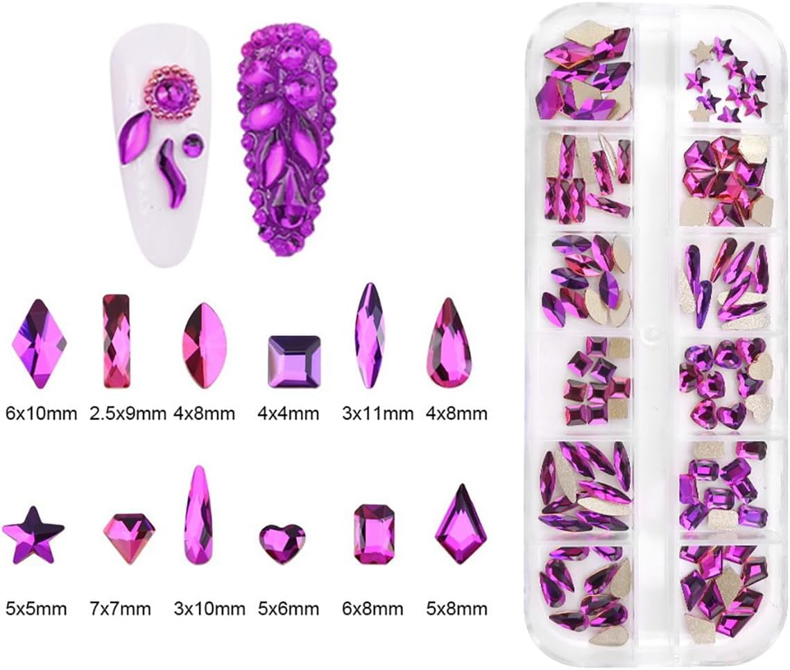 120pcs Flatback Rhinestones Glass Charms Diamantes Gems Stones for Nail Art Box Multi Shapes Fuchsia
