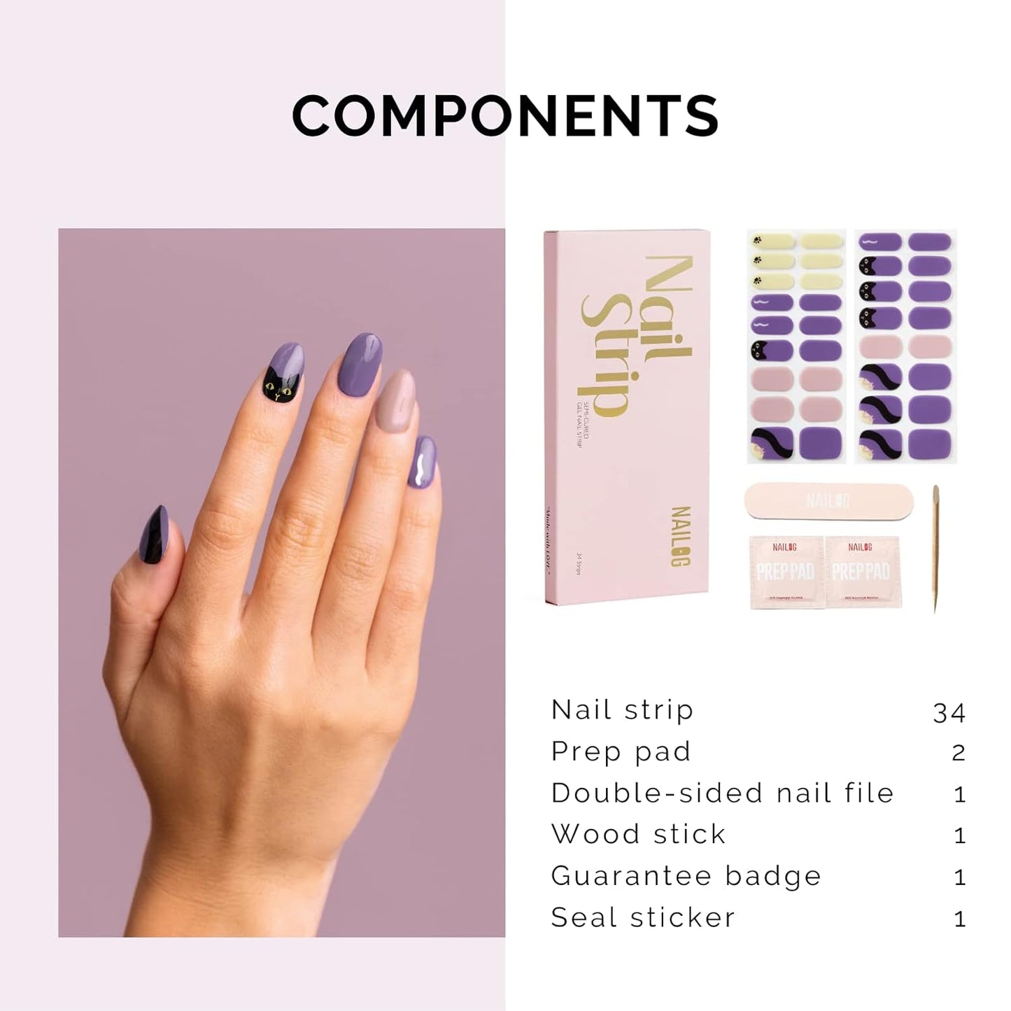 Nailog Semi Cured Gel Nail Strips 34 pcs | Long Lasting Nail Polish Sticker Wraps with Glossy Gel Finish (Black Cat)