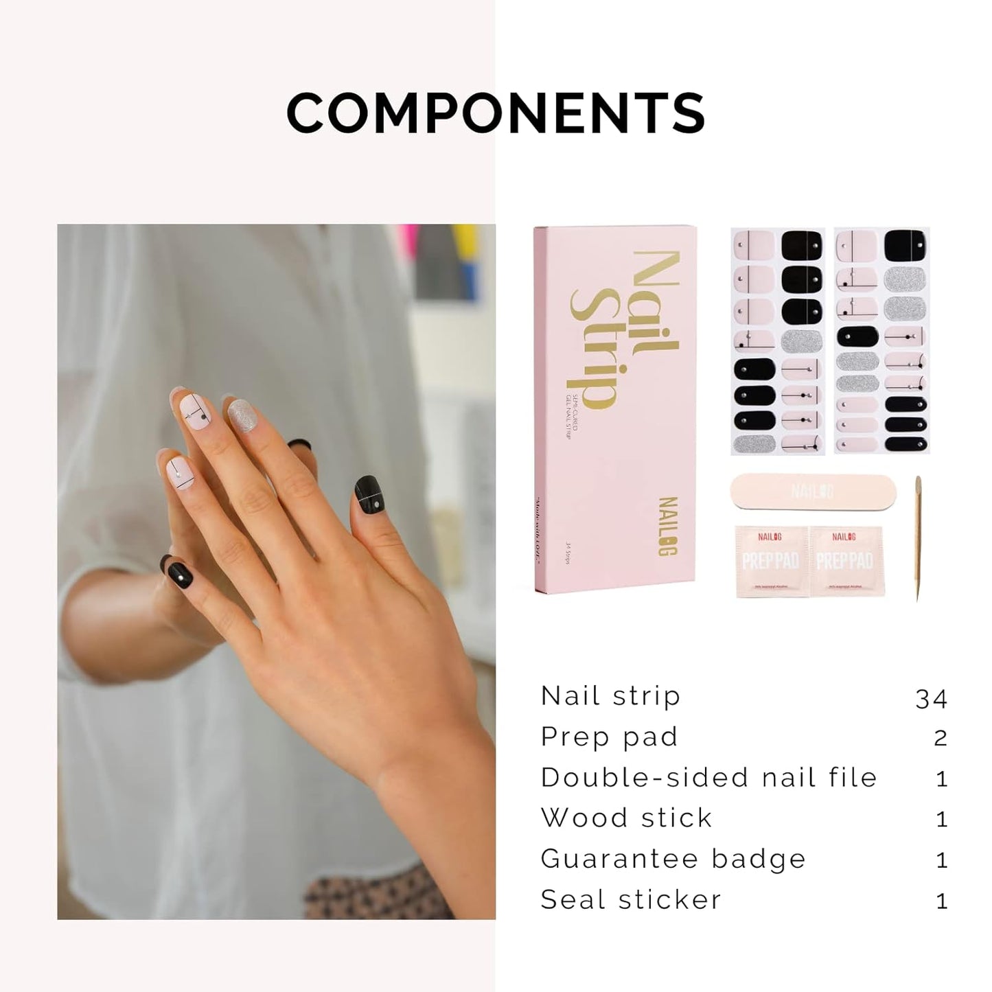 NAILOG Semi Cured Gel Nail Strips 34 pcs, Buy 2 Get 1 UV Lamp, Salon-Quality French Nail Strips with Soft Gel Finish| Timeless Strings