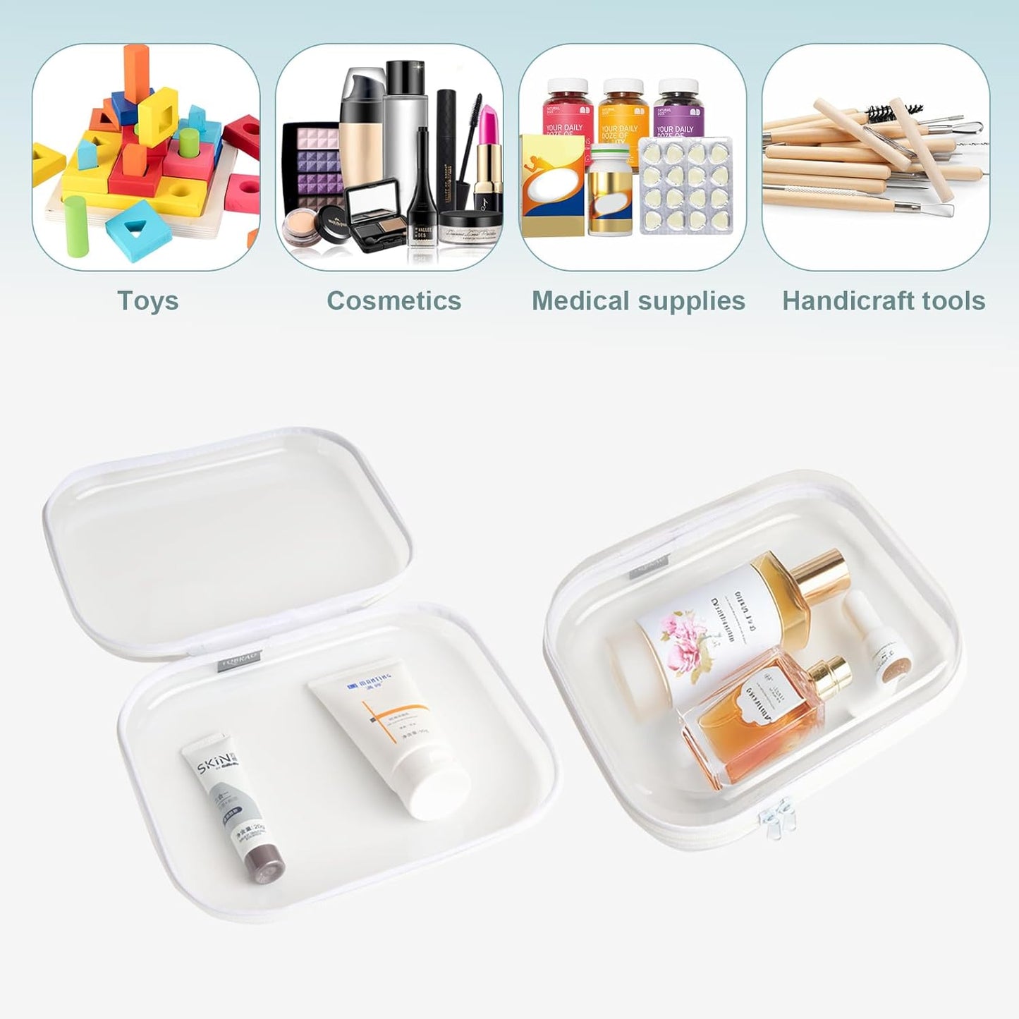 Hard Sided Clear Zipper Case for Storage- Professional-Grade Plastic Clear Zipper Pencil Case,Toy Storage Bins, Toiletry Pouch, Travel Organizer, Cosmetic Bag(White,2 Pack, M)