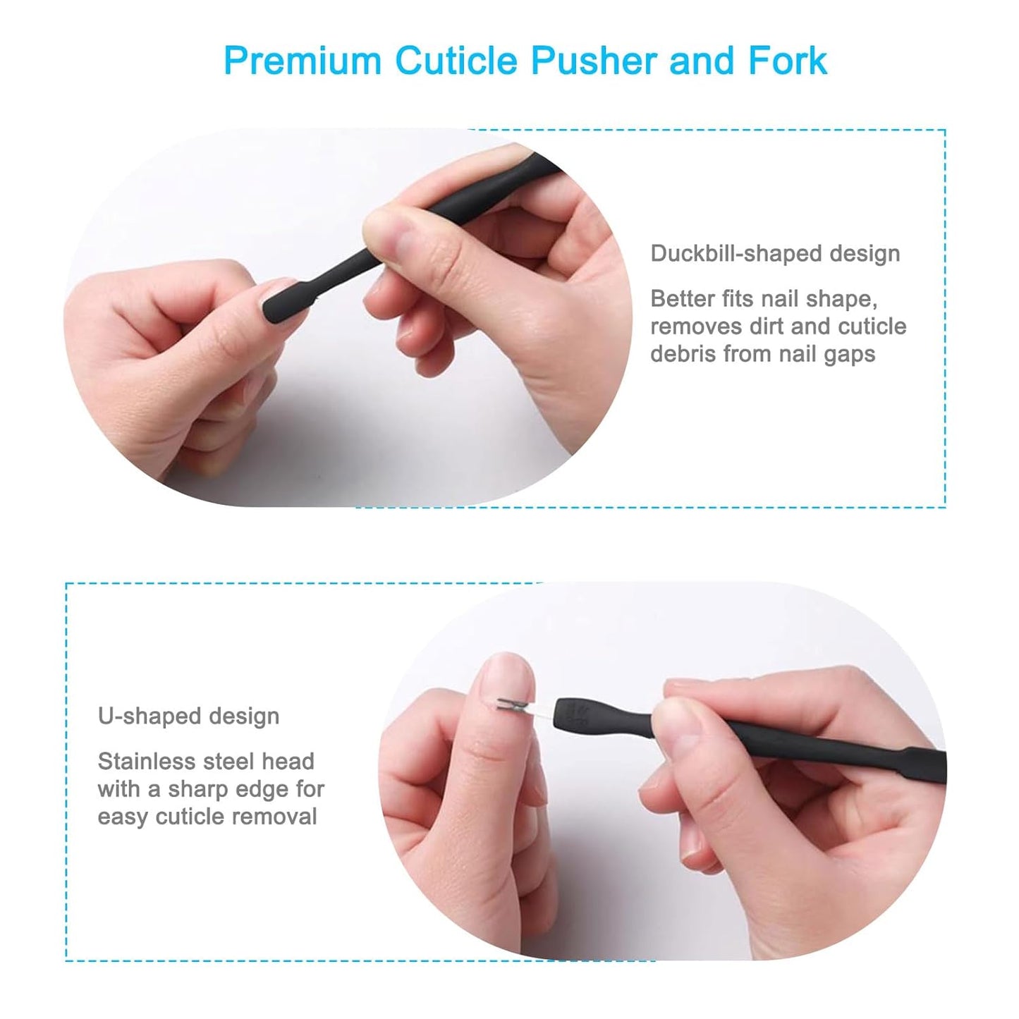 Cuticle Pusher Tool, 2PCS Professional Nail Cuticle Remover Trimmer Cutter Fork Kit, Premium Stainless Steel Durable Manicure Kit for Women, Fingernails and Toenails