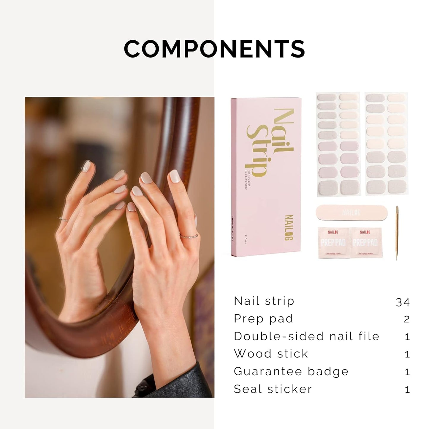 NAILOG Semi Cured Gel Nail Strips, 34 pcs Salon-Quality Gel Nail Stickers, Long Lasting Nail Wraps for Women with Soft Gel Finish | Isabelle