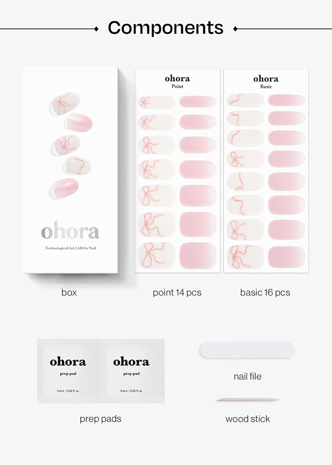 ohora Semi Cured Gel Nail Strips (N Someday) - White, Pink, Ribbon, Works with Any UV/LED Lamps, Salon-Quality, Long Lasting, Easy to Apply & Remove - Includes 2 Prep Pads, Nail File & Wooden Stick