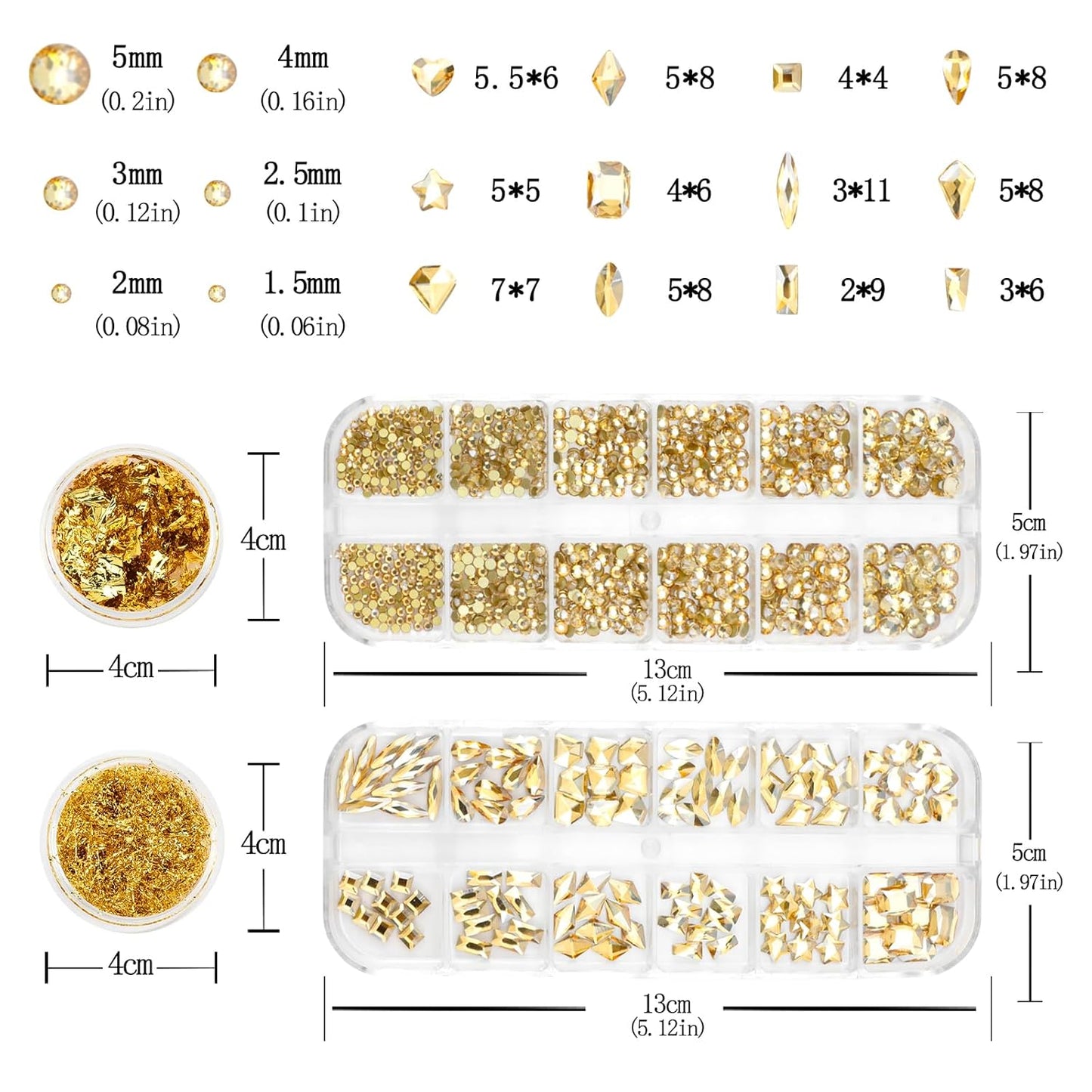 Nail Art Rhinestones Flatback Gold Nail Charms Multi Shapes Crystal Mixed Glitter Foil Design Gold Gems Accessories for Women Manicure Decorations Supplies