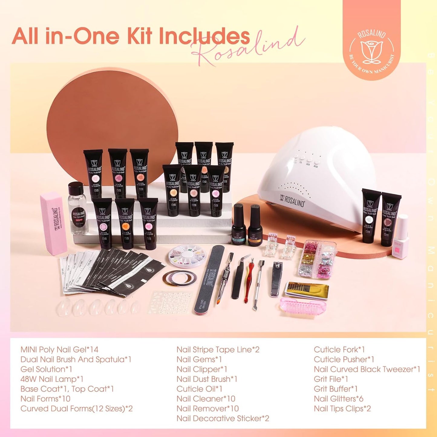 ROSALIND Nude Poly Nail Gel Kit, 14 Colors Pink Poly Nail Gels Kit with Slip Solution and Mini Lamp Poly Nails Gel Starter Kits For All Seasons Beginner DIY at Home