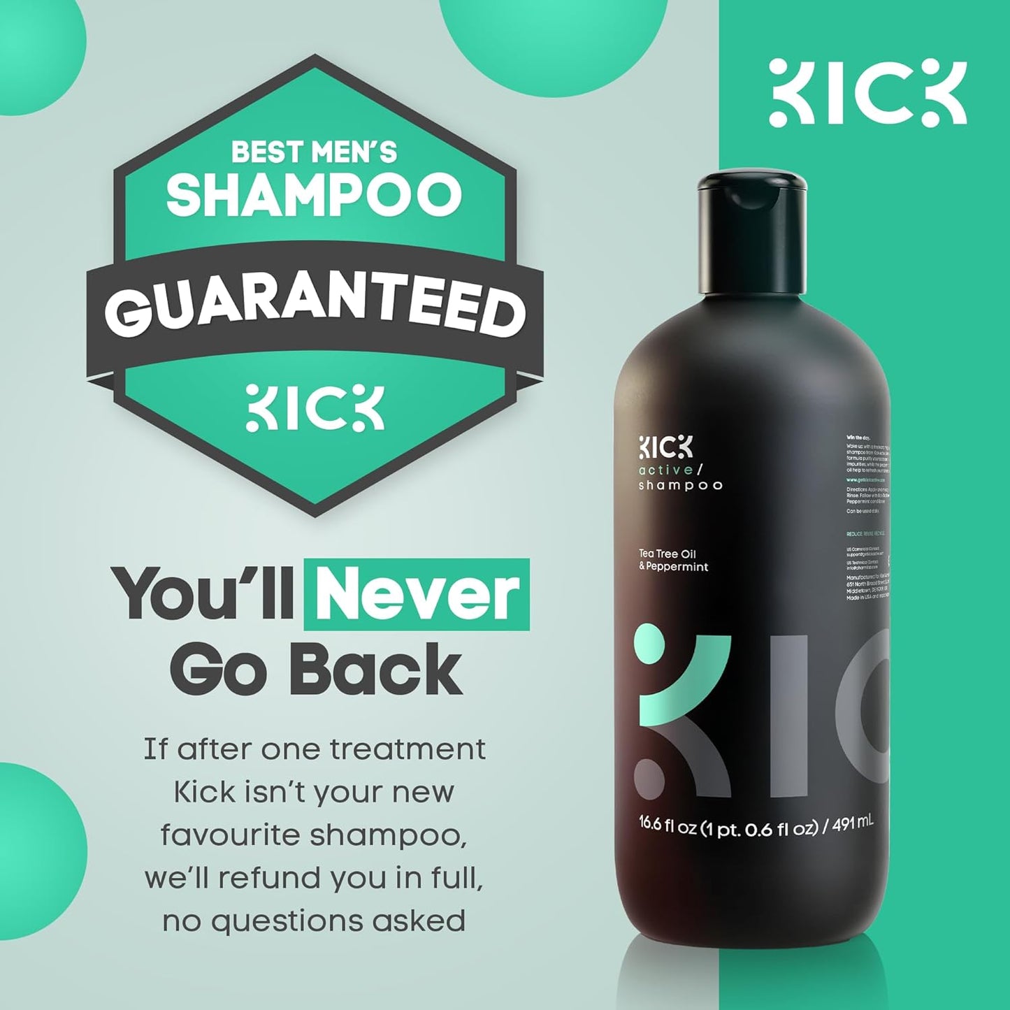 Kick Mens Shampoo - Peppermint & Tea Tree for Oil Control - Sulfate-Free, Refreshing Formula - Anti-Dandruff and Scalp Soothing - Shampoo for Oily Hair - Cruelty-Free - 16.6oz