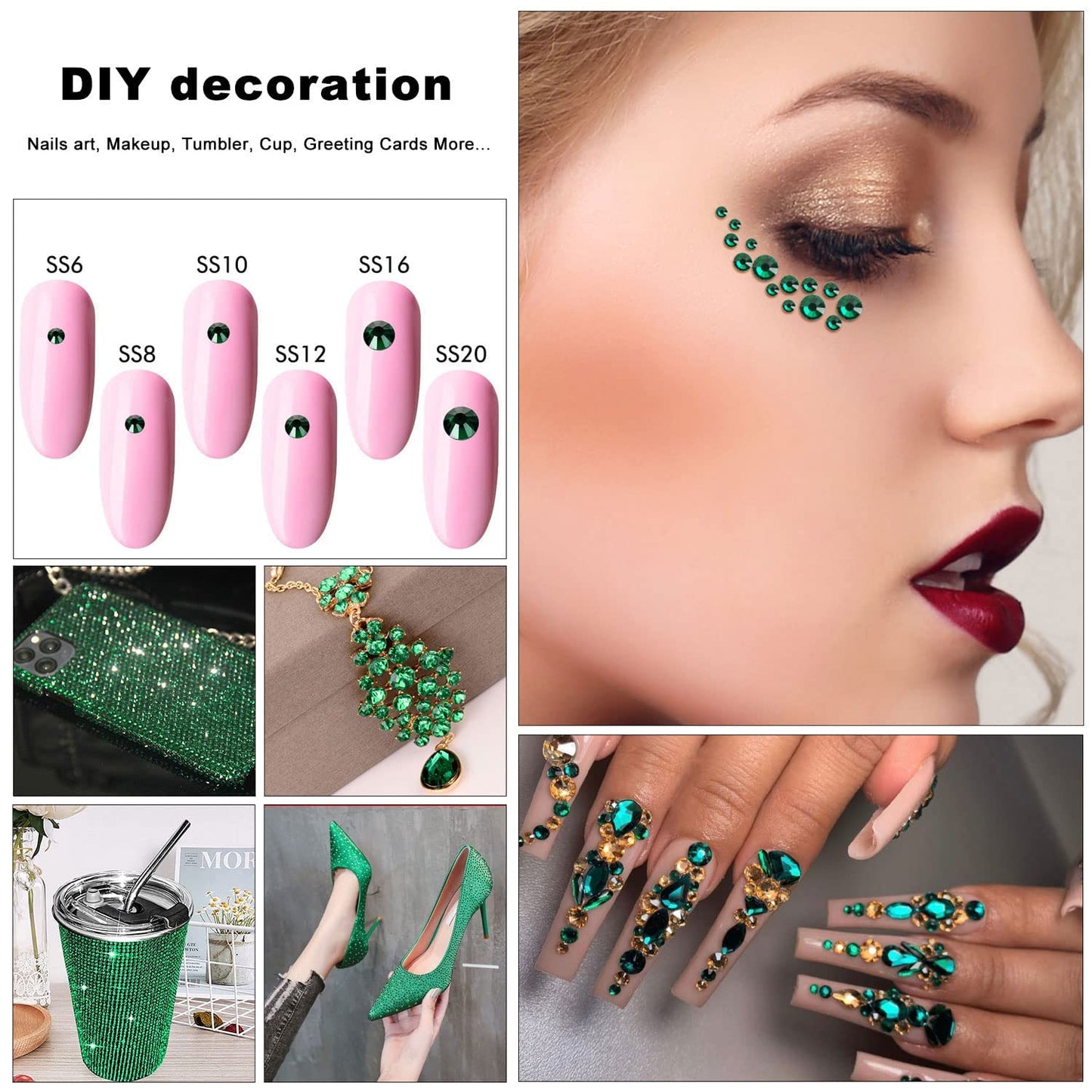 4240Pcs Malachite Green Flatback Rhinestones 6 Sizes Crystal Diamonds for Nail Art Crafts Clothes Shoes with Tweezers and Picking Pen