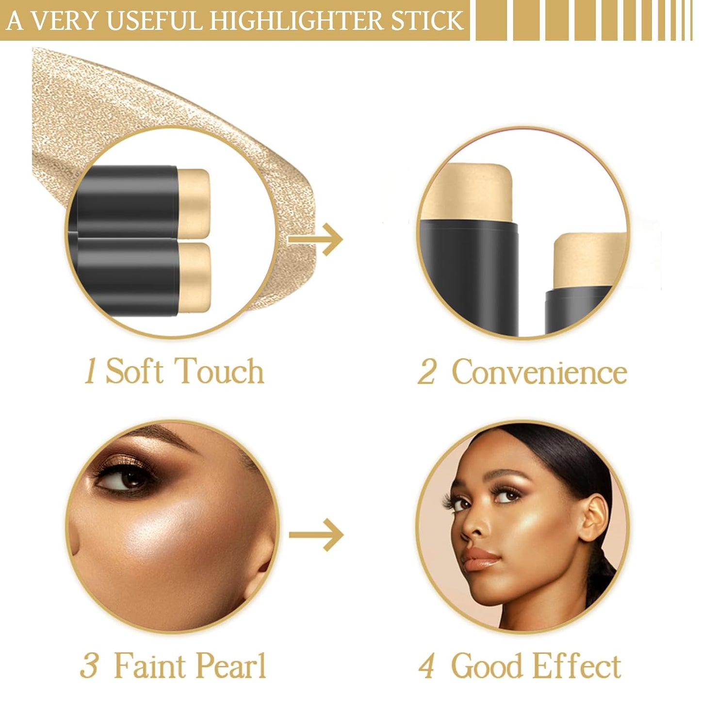 Highlighter Stick, Highlighter Makeup for Face & Body, Cream 3D Contour Stick, Multi-Use Body Shimmer Stick for All Skin Types, Glow, Waterproof, Long Lasting, Ideal for Daily, Party (Gold)