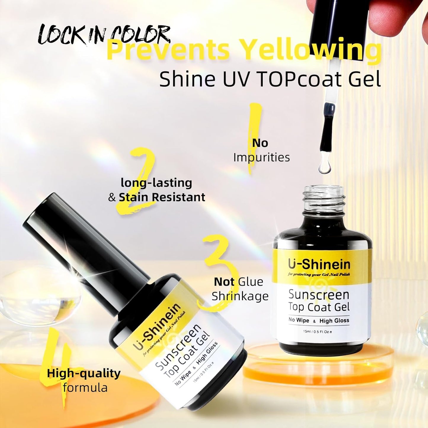 Shine UV Top Coat, 2 in 1 No Wipe Sunscreen Top Coat Gel, Glassy Clear Gel Keeps Nails From Yellowing or Staining, Requires UV Lamp