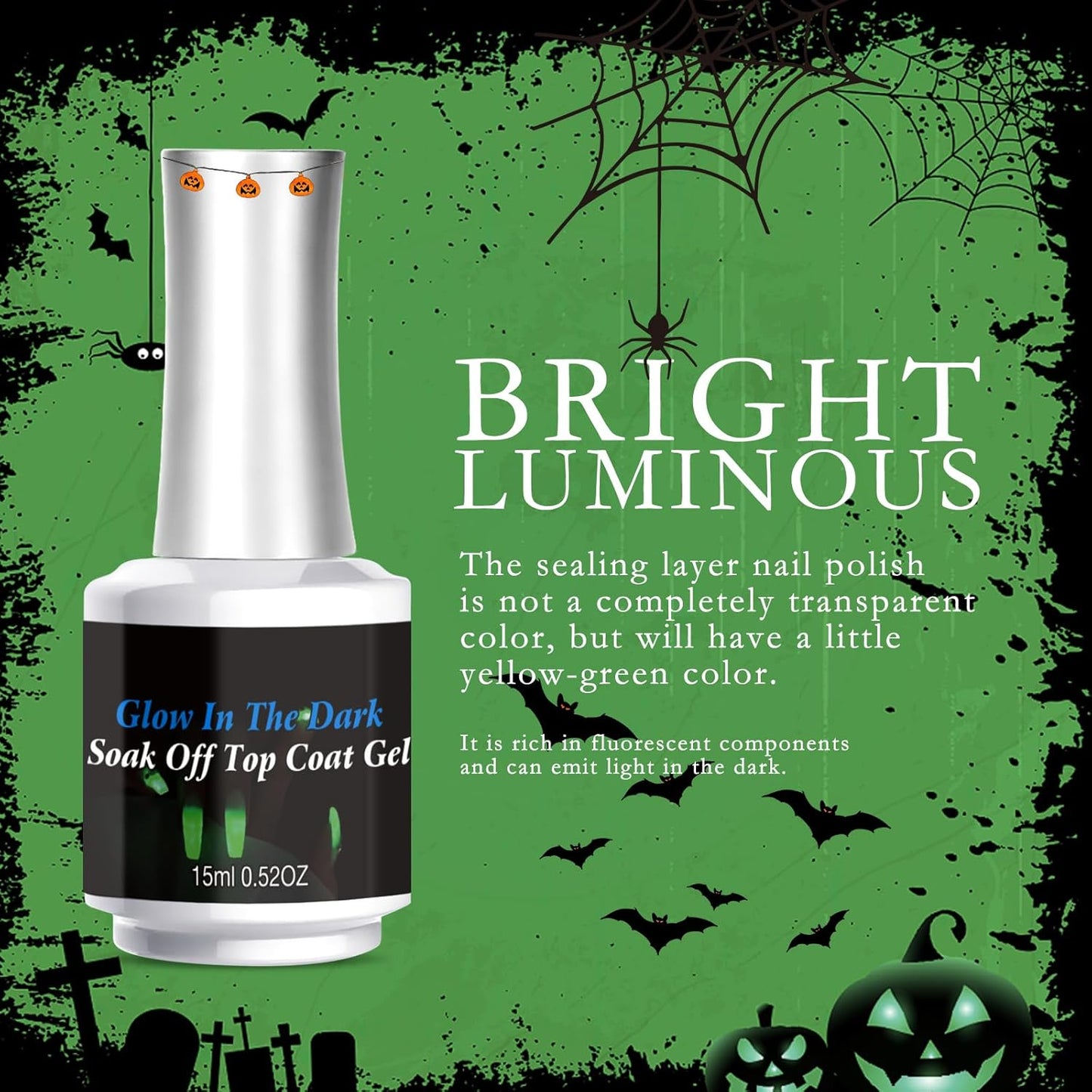 Glow In The Dark Nail Gel Top Coat, Transparent Luminous Universal Top Coat for Any Colors DIY Halloween Nail Art, UV LED Needed Long-lasting Nail Gel(15ml/0.52 fl oz)