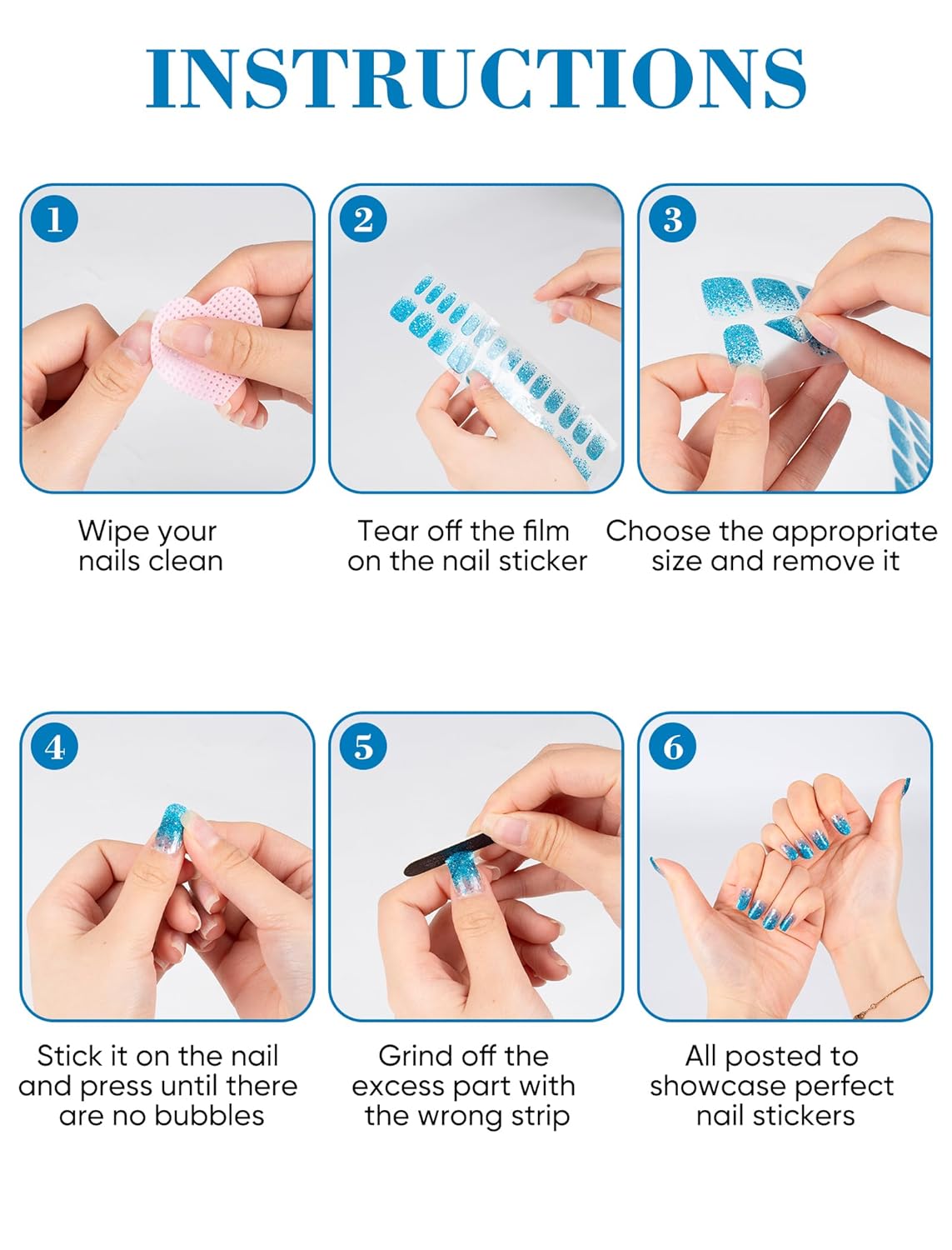 No UV Light Needed Semi Cured Gel Nail Strips Kit for Women, 48 Pcs Self-Adhesive Stick on Nail Polish Art Stickers Wraps with Nail Files and 2 Nail Wiping Blocks (Blue) (Blue)