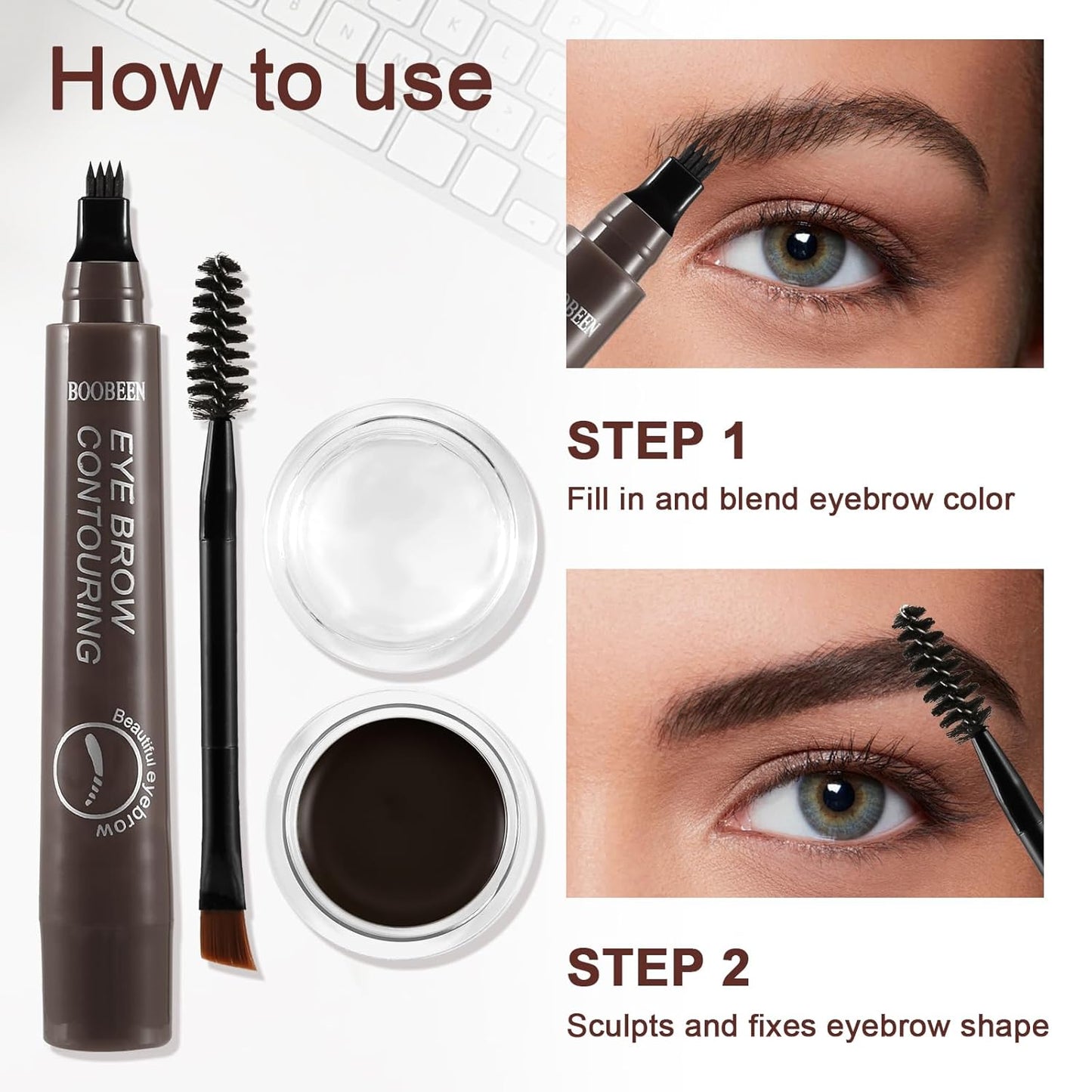 Boobeen Waterproof Eyebrow Pencil with Pomade, Brow Gel with Dual-ended Brush, Long-Lasting Natural Hair-Like Brows for All Skin Tones, Brown