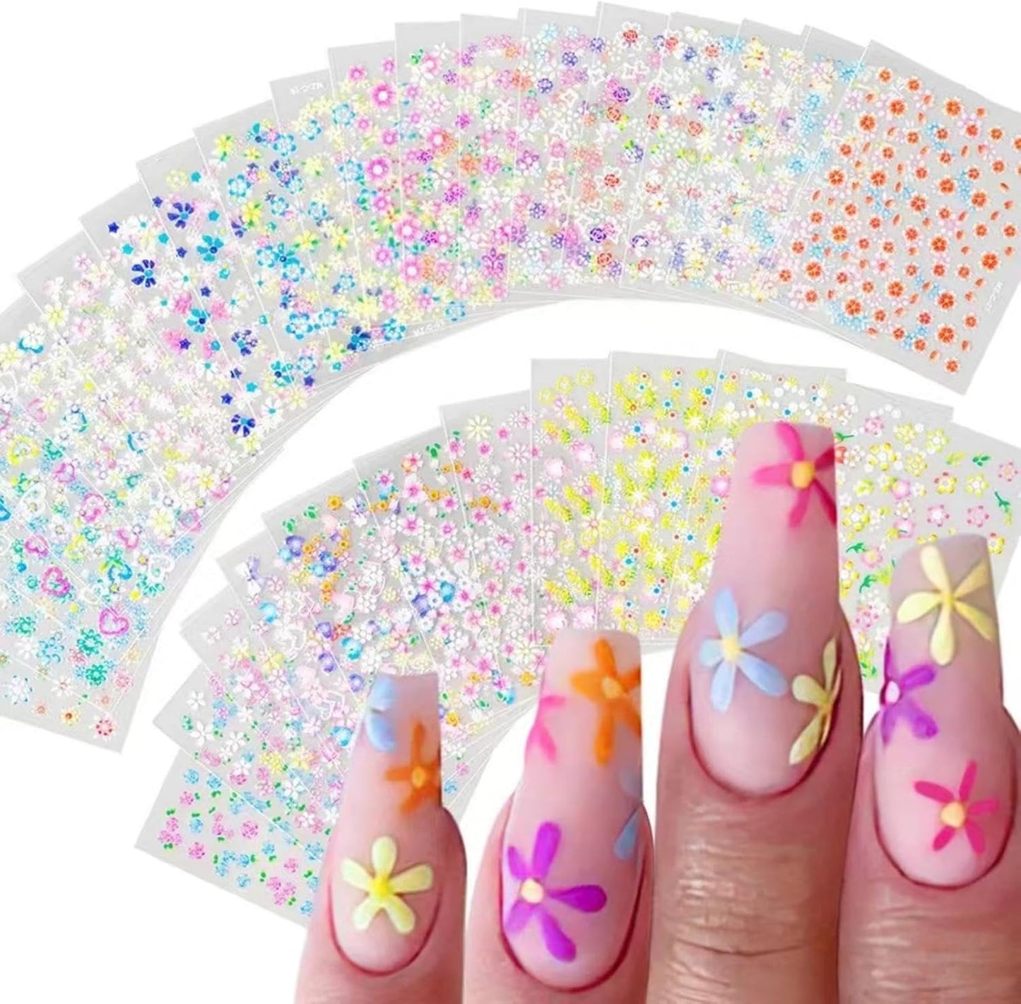 30 Sheets Colorful Flower Nail Stickers, Floral Decals Self-Adhesive Art Design With Heart, Leaf for Women Girls Manicure Decoration
