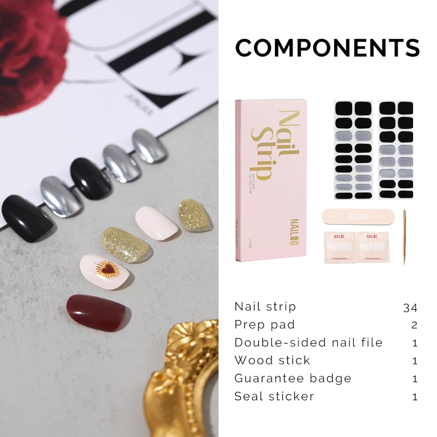 Semi Cured Gel Nail Strips - NAILOG 34 Pcs Silver Black Nail Stickers Extra Long Wraps with Glossy Gel Finishing for Autumn Winter, Reckless