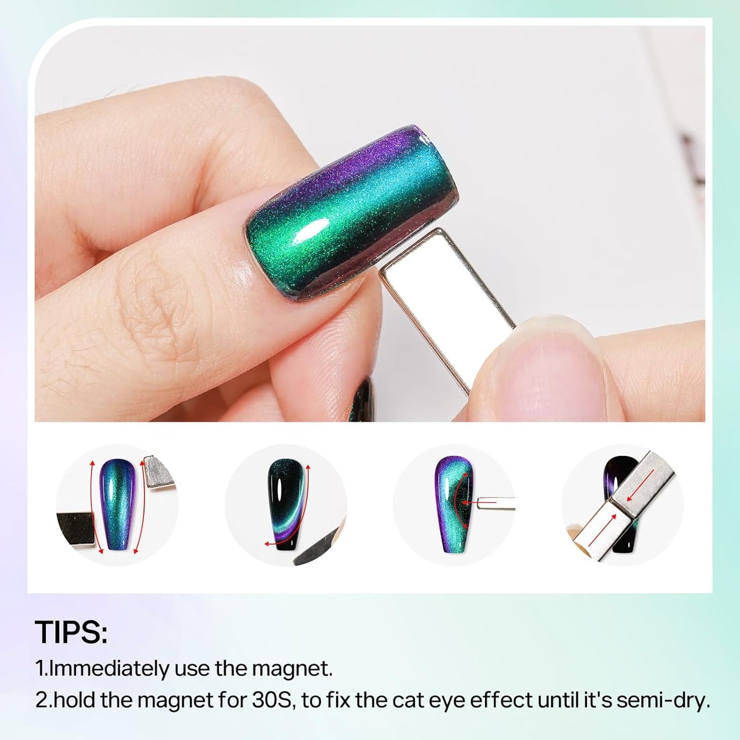 MIZHSE Quick Dry 9D Cat Eye Nail Polish Non Gel, Green to Purple Magnetic Nail Polish with Magnet, Air Drying Fast Cateye Nail Lacquer Galaxy Effect Manicure Home Gift for Women 15ml