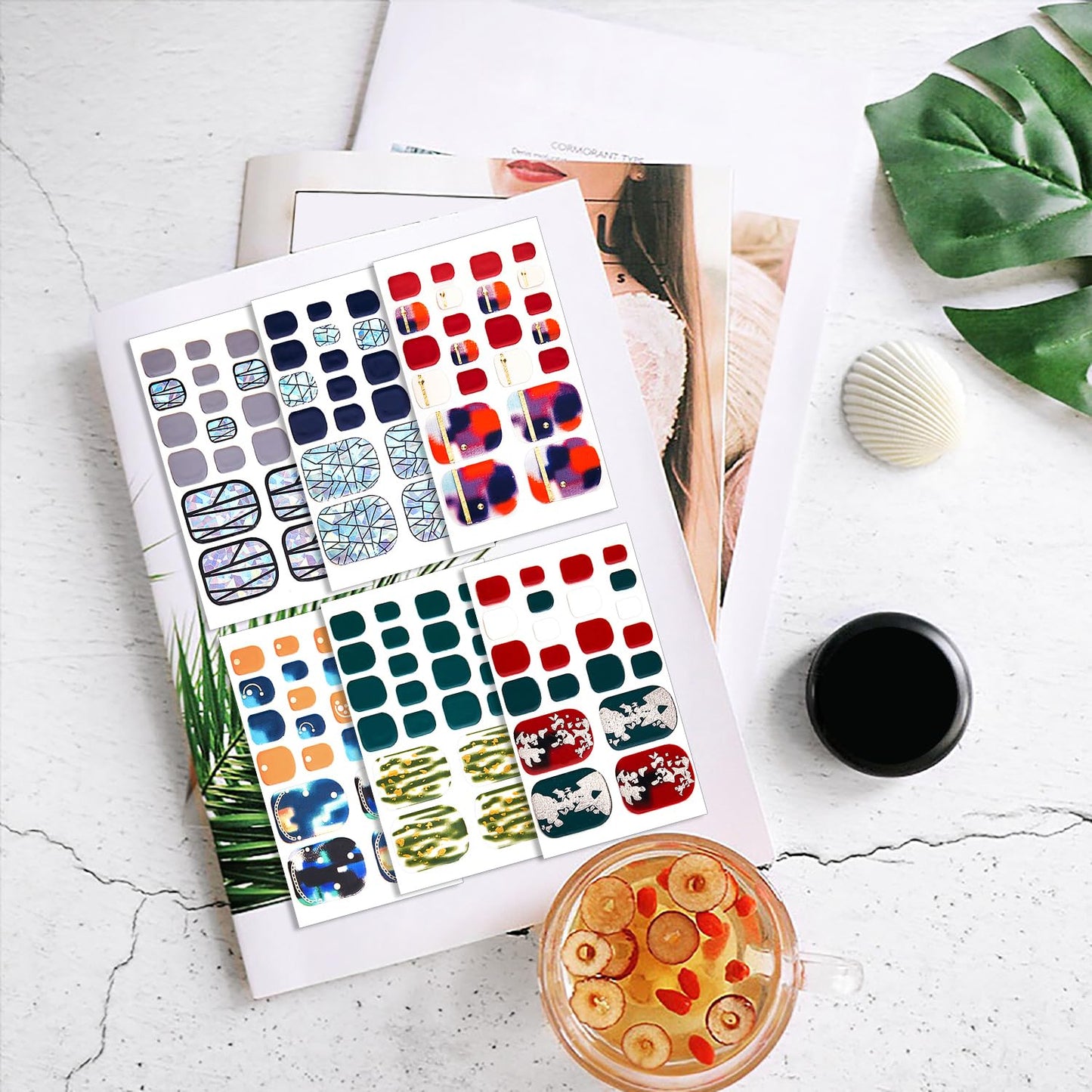 WOKOTO 20 Sheets 440 Pieces Toe Nail Polish Strips for Toes Women Nail Art Wraps Mermaid Gel Nail Strips for Toe Nails Iridescent Shell Flake Design Nail Polish Stickers Stick On Nails for Women