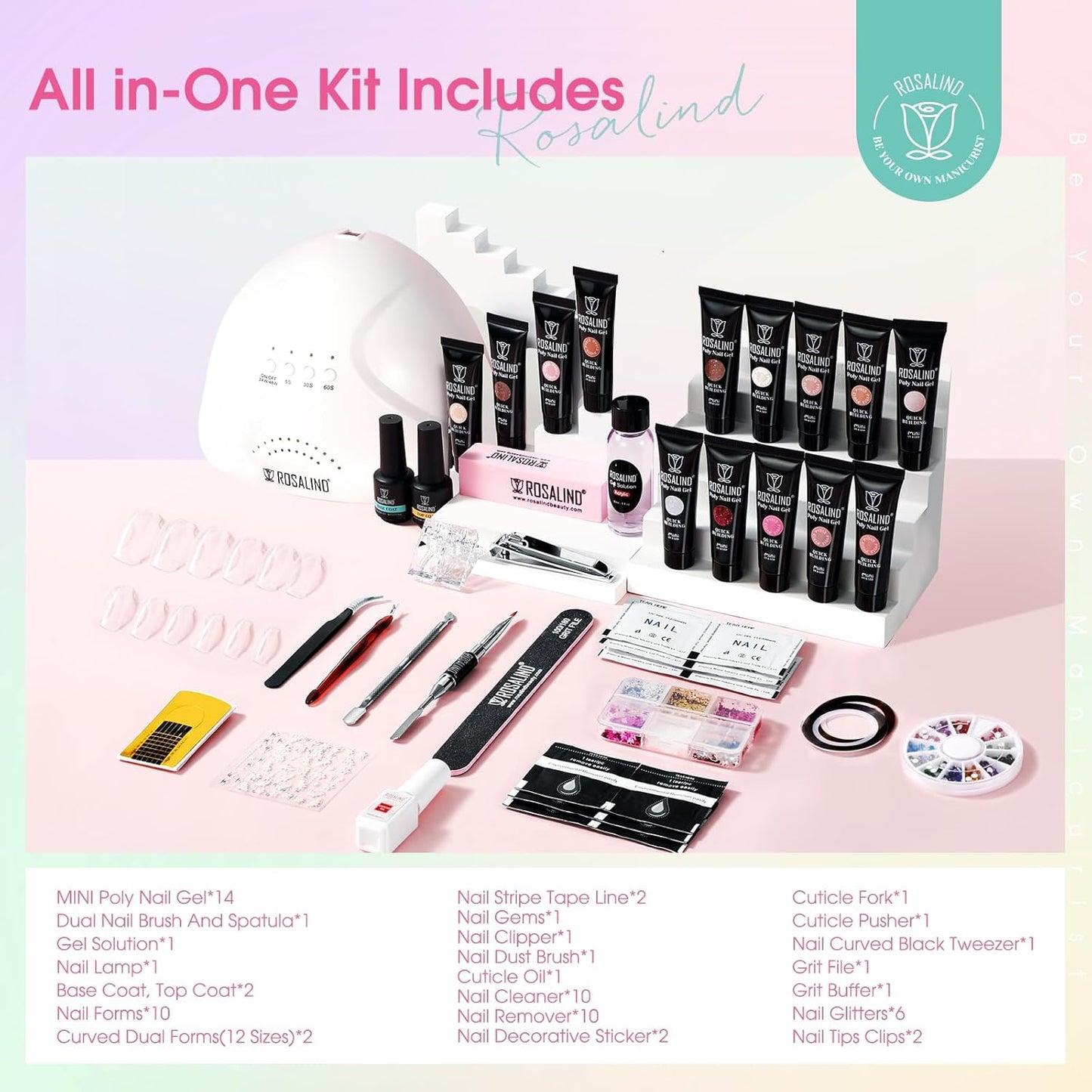 ROSALIND Poly Nail Gel Kit, 14 Colors Clear Nude Glitter Poly Nail Gels Kit with U V Light Poly Nails Gel Starter Kits For All Seasons Beginner DIY at Home