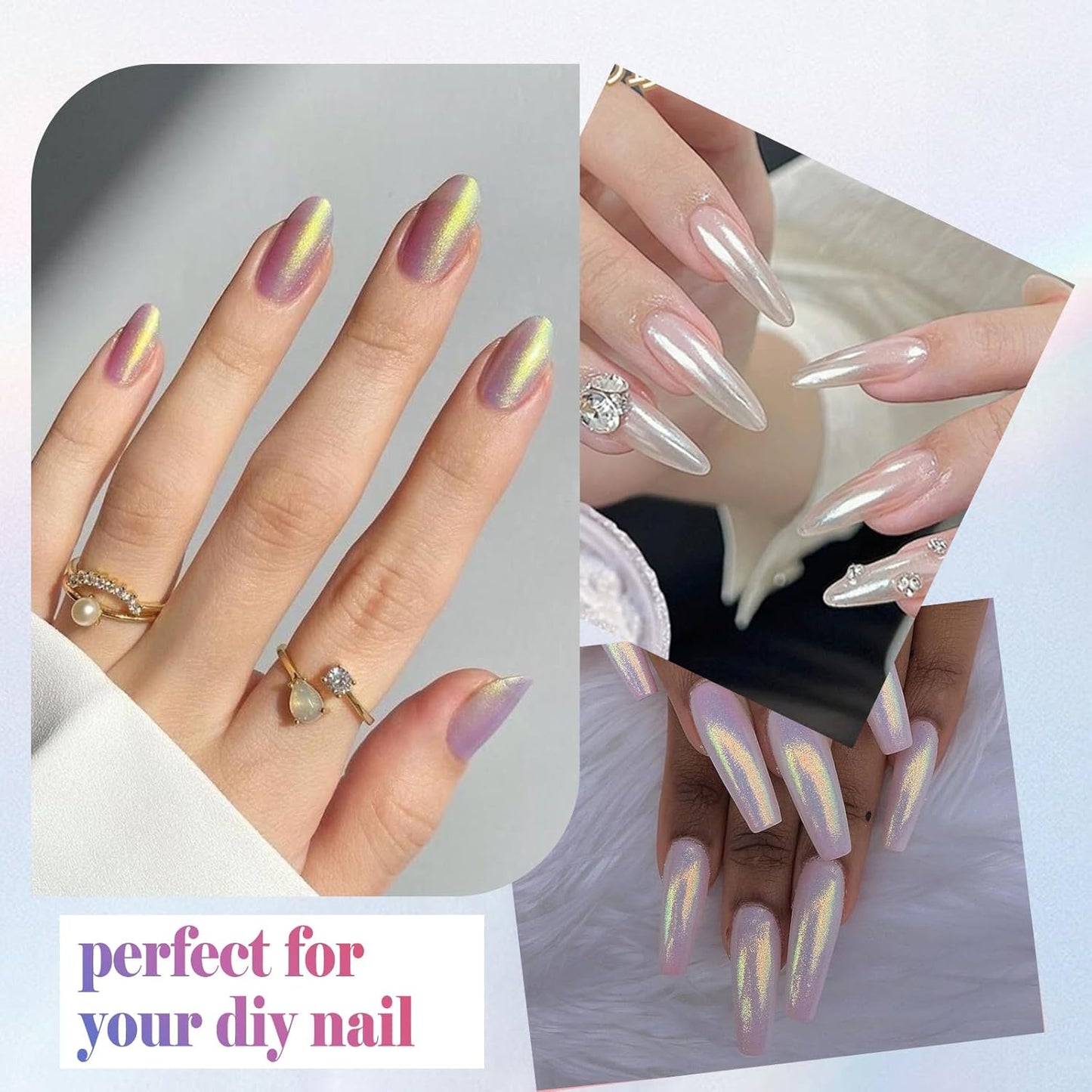 SIUSIO White Pearl Chrome Nail Powder, 2pcs Iridescent Aurora Powder Metallic Mirror Effect Pigment Pearlescent Mermaid Pigment for Nail Art Manicure Decoration Sets