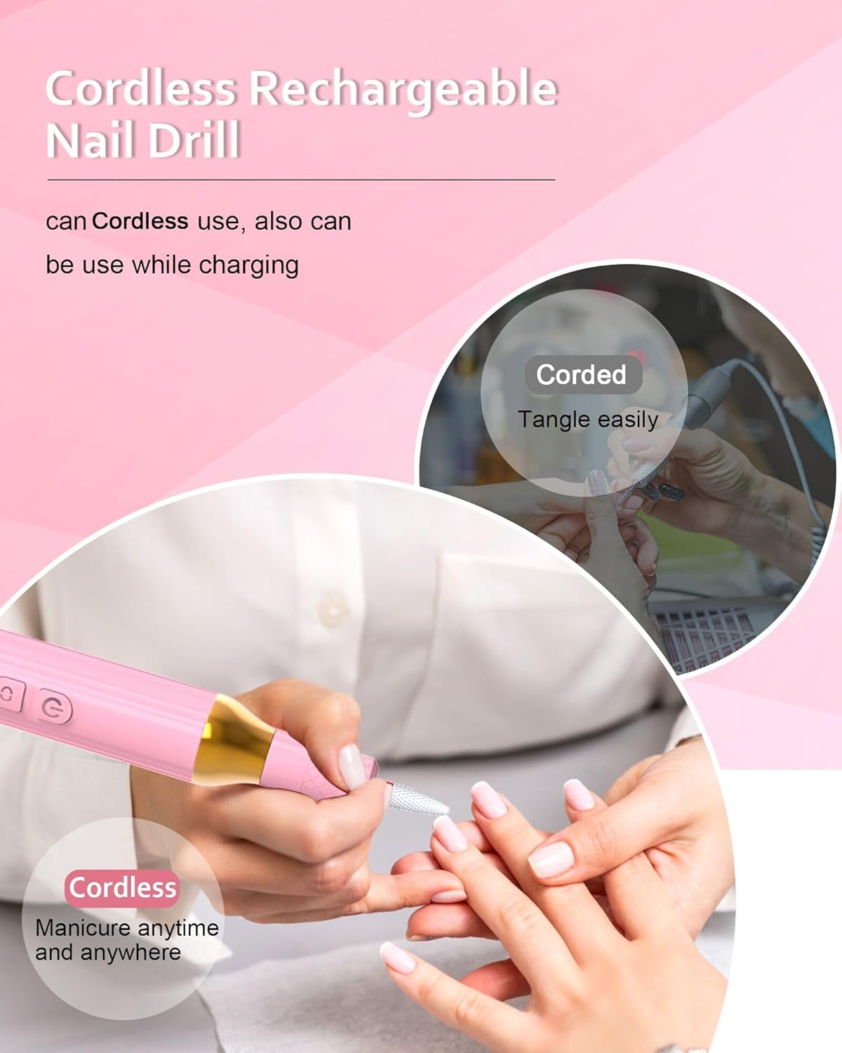 Electric Cordless Nail Drill Portable Nail Drill Machine for Gel Acrylic Nails, Rechargeable Nail File for Home Salon Electric Nail File Pink