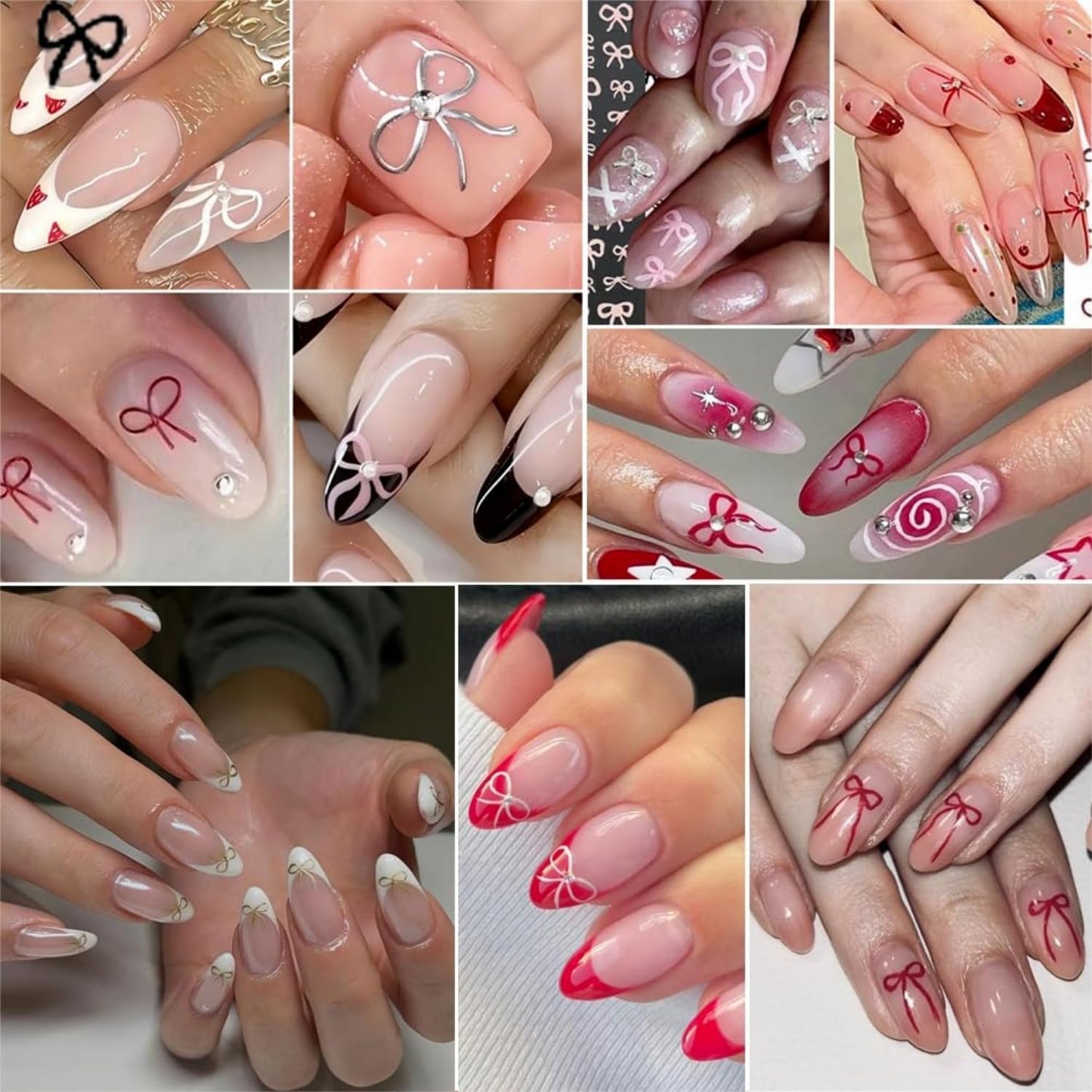 12 Sheets Self-Adhesive Bow Nail Stickers - 3D Decals for Nail Art - Black, White, Pink - DIY Manicure Decorations for Women & Girls