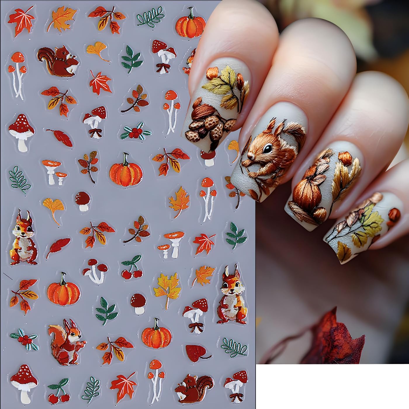 Fall Nail Art Stickers, Cute Fox Nail Art Decals 3D Self-Adhesive Leaves Pumpkin Nails Stickers Fall Flowers Nail Design 3Pcs Nail Art Supplies for Women Fall Nail Decoration