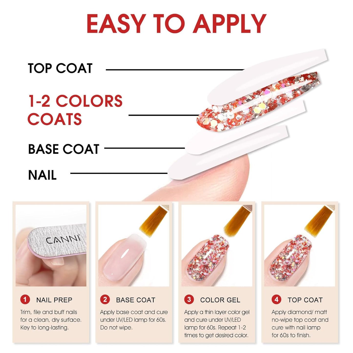 CANNI 1 Pcs Glitter Red Gel Nail Polish, Shimmer Sparkly Red Colors Gel Polish Soak Off Led Nail Art Gel Manicure Salon DIY