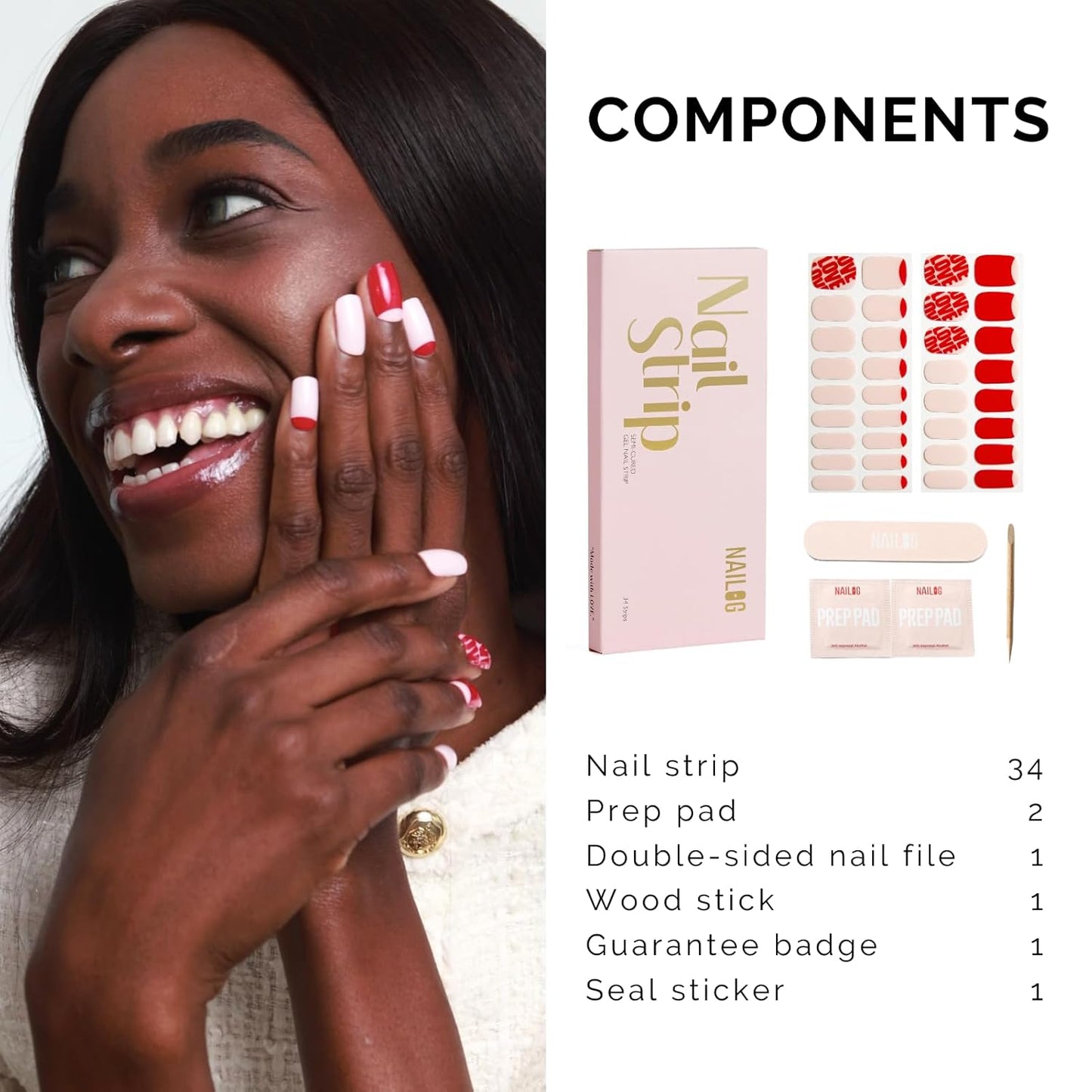 NAILOG Semi Cured Gel Nail Strips for Valentine's Day - 34 pcs | Buy 2 Get 1 UV Lamp | Long Lasting Nail Polish Sticker Wraps with Glossy Gel Finish, City of Love