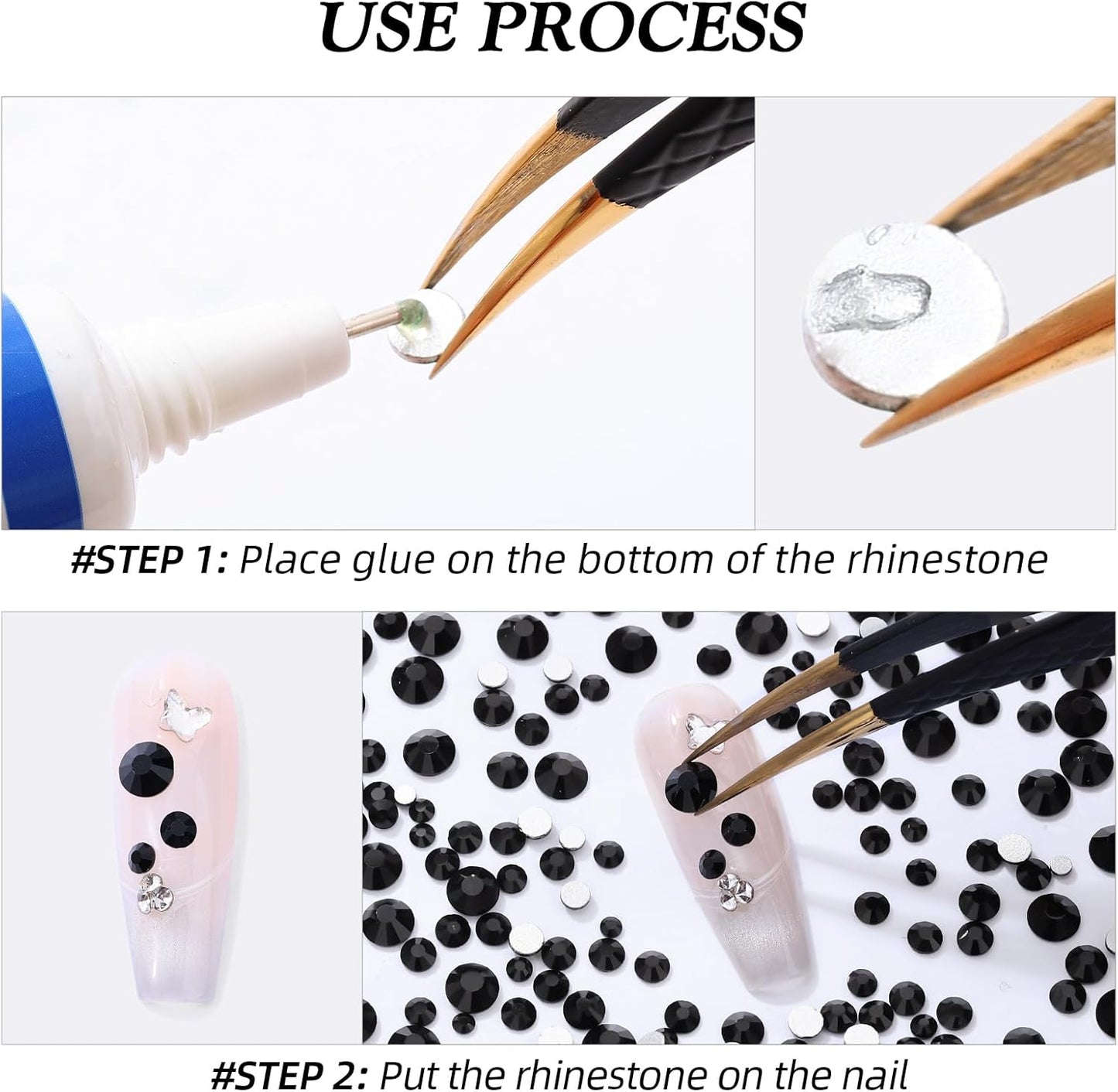 Black Flatback Rhinestones, Glass Rhinestones for Nail Art and Craft, Glue Fix, Loose Crystal Gemstones(Black, SS6, 1440pcs, 1.9-2.0mm)