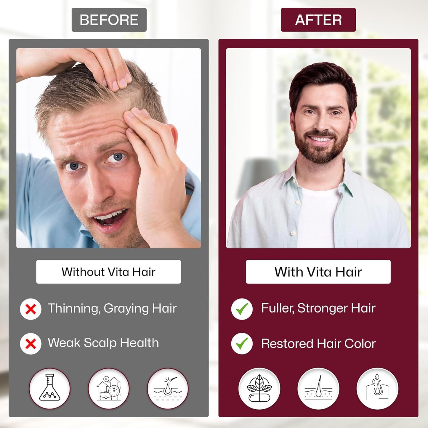 Vita Hair Growth & Hair Loss Supplement - 100% Natural Herbs Potent Formula for Graying Thinning Hair - Stimulate New Hair Follicles - 90 Capsules