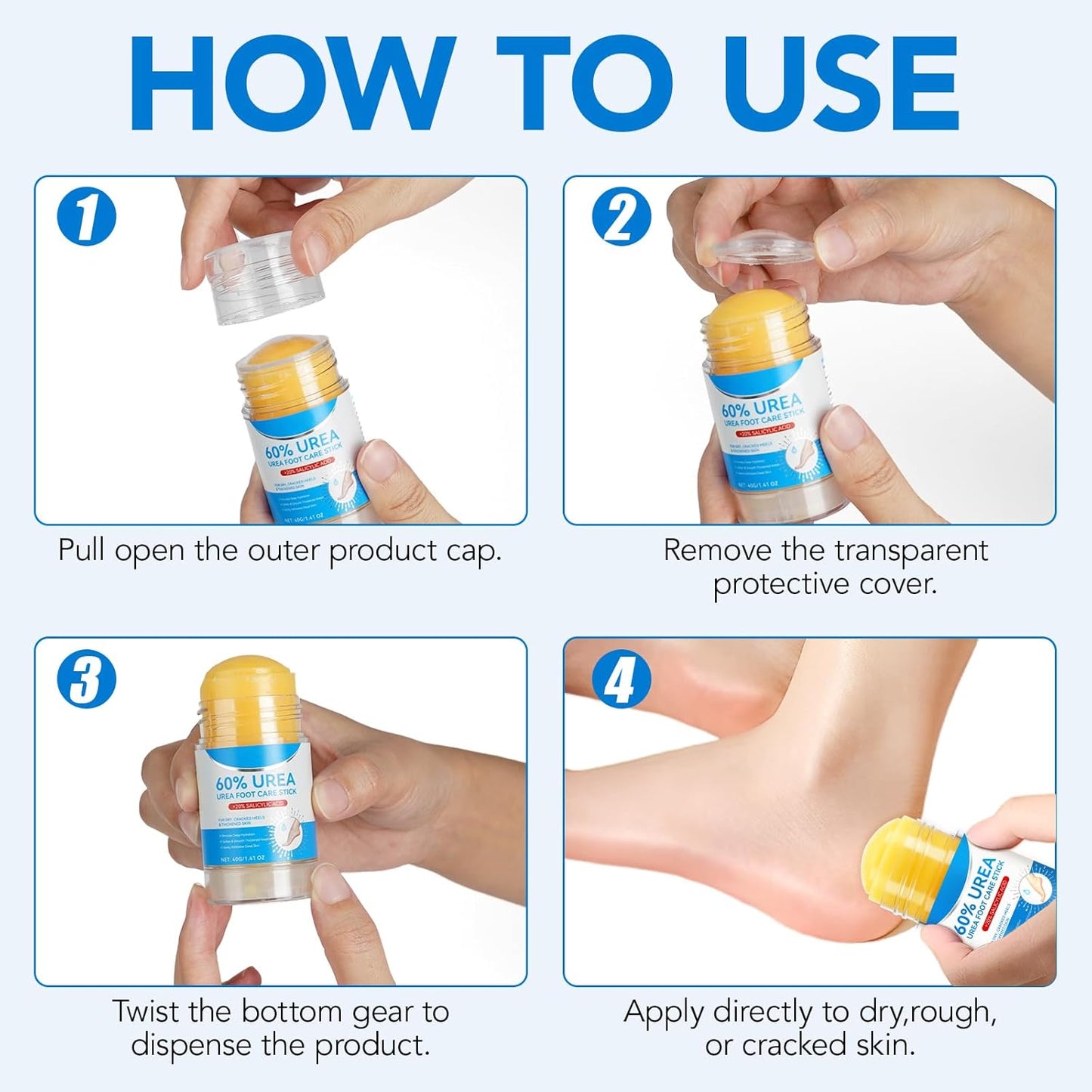 Urea Foot Care Stick, 60% Urea with 2% Salicylic Acid Foot Cream Moisturizer for Dry Cracked Feet, Knees, Elbows, Hands, Moisturizes and Hydrates the Dry Skin, Callus Remover & Skin Softener 1.41 oz