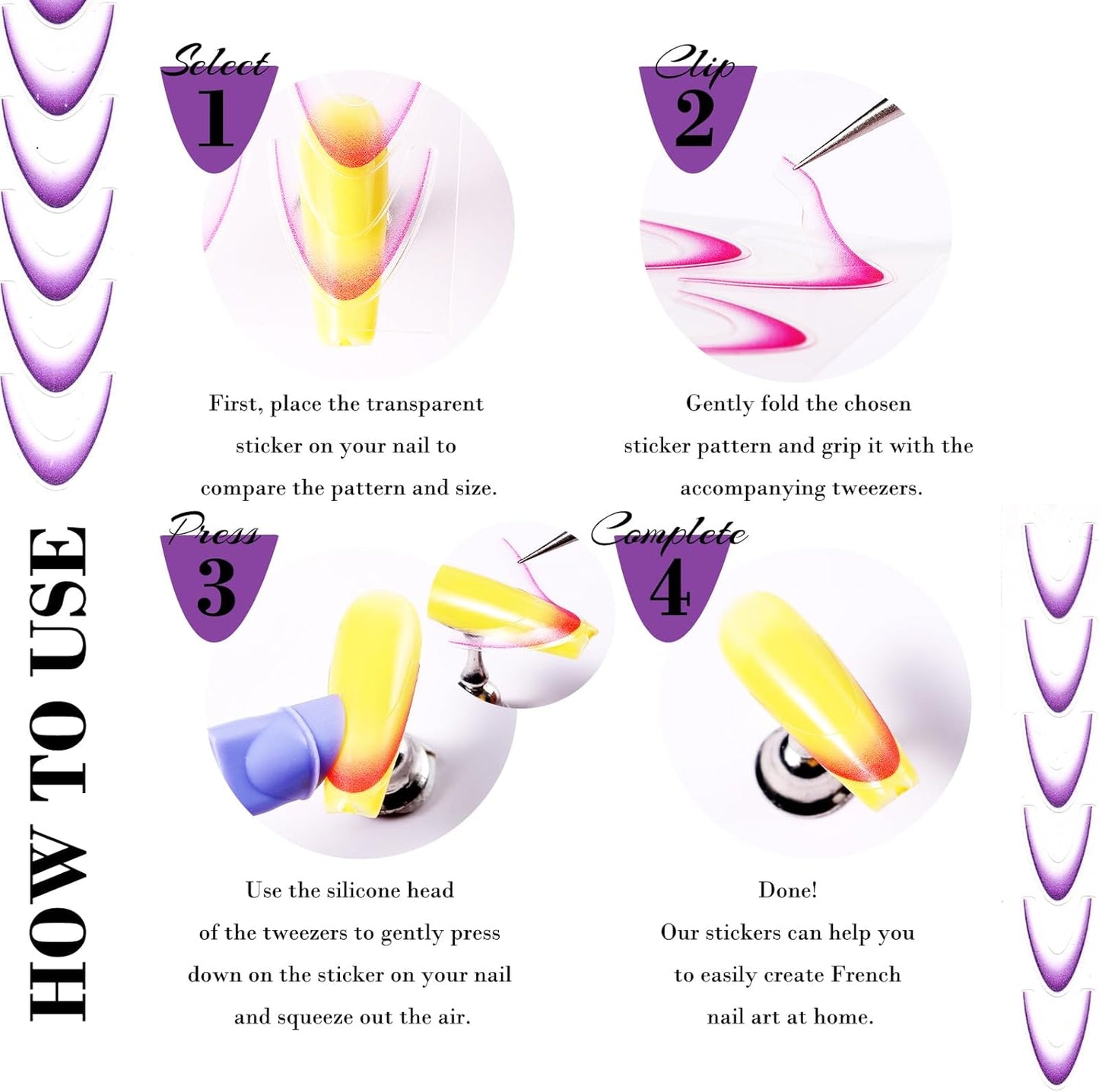 9 Sheets Colorful French Tip Nail Stickers, Gradient French Line Nail Art Stickers with Tweezer, French Tip Nail Decals 3D Self-Adhesive Nail Tips Guides for Women Manicure Decoration