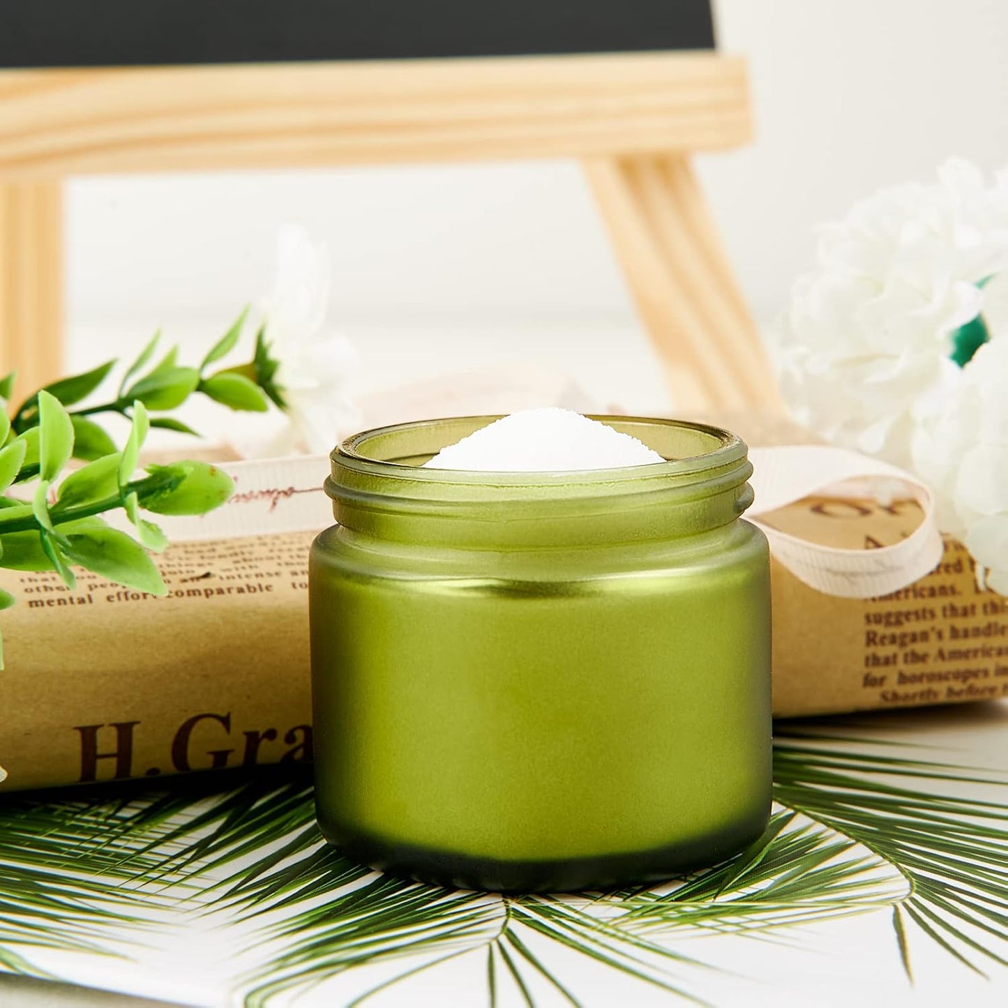 2oz Jars with Lids, HOA Kinh 24 Pack Green Frosted Glass Jars with Lids Empty Cosmetic Containers Round Airtight Glass Jar with Black Lids for Storing Lotions Powders Ointments