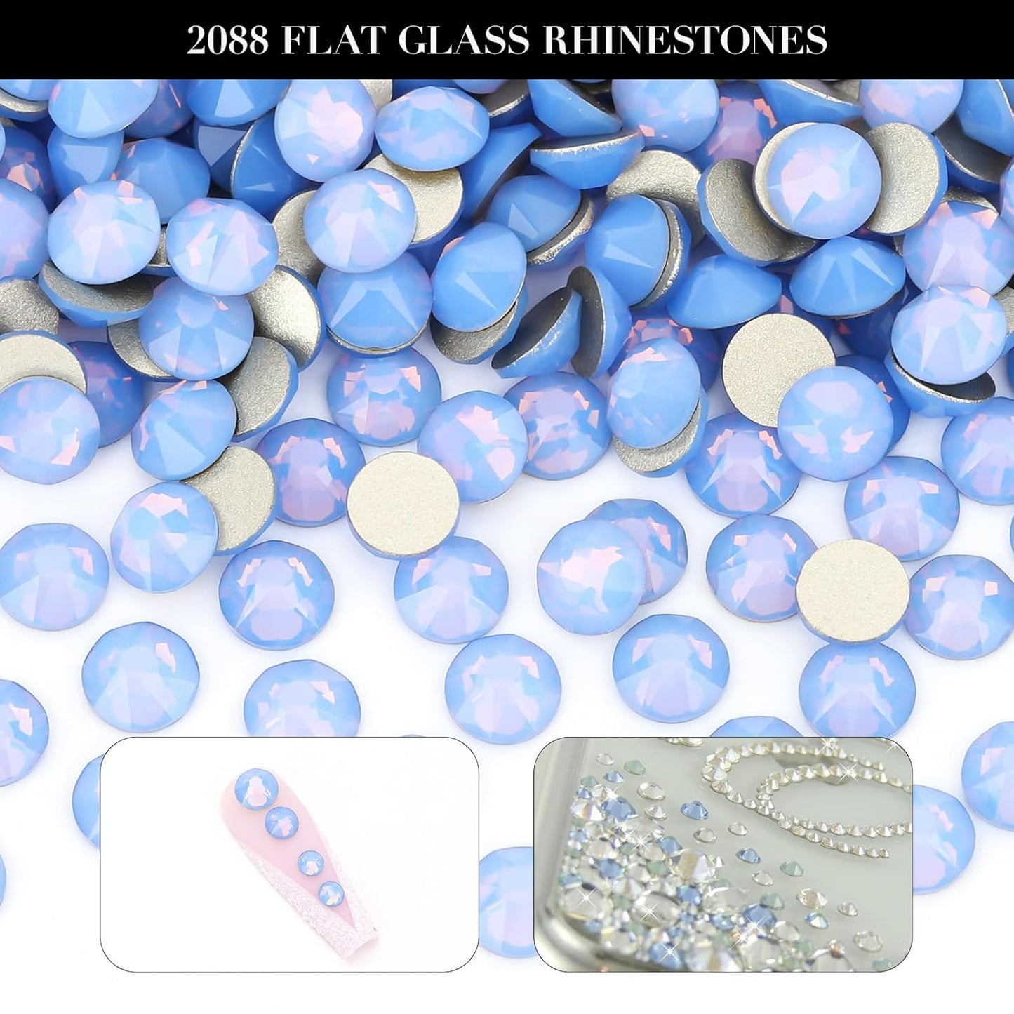 Novani Blue Opal Rhinestones 1440pcs Flat Back Round Rhinestone Style 2088 Sparkly Crystal Gemstones for Nail Art and Crafting SS20,4.6-4.8mm