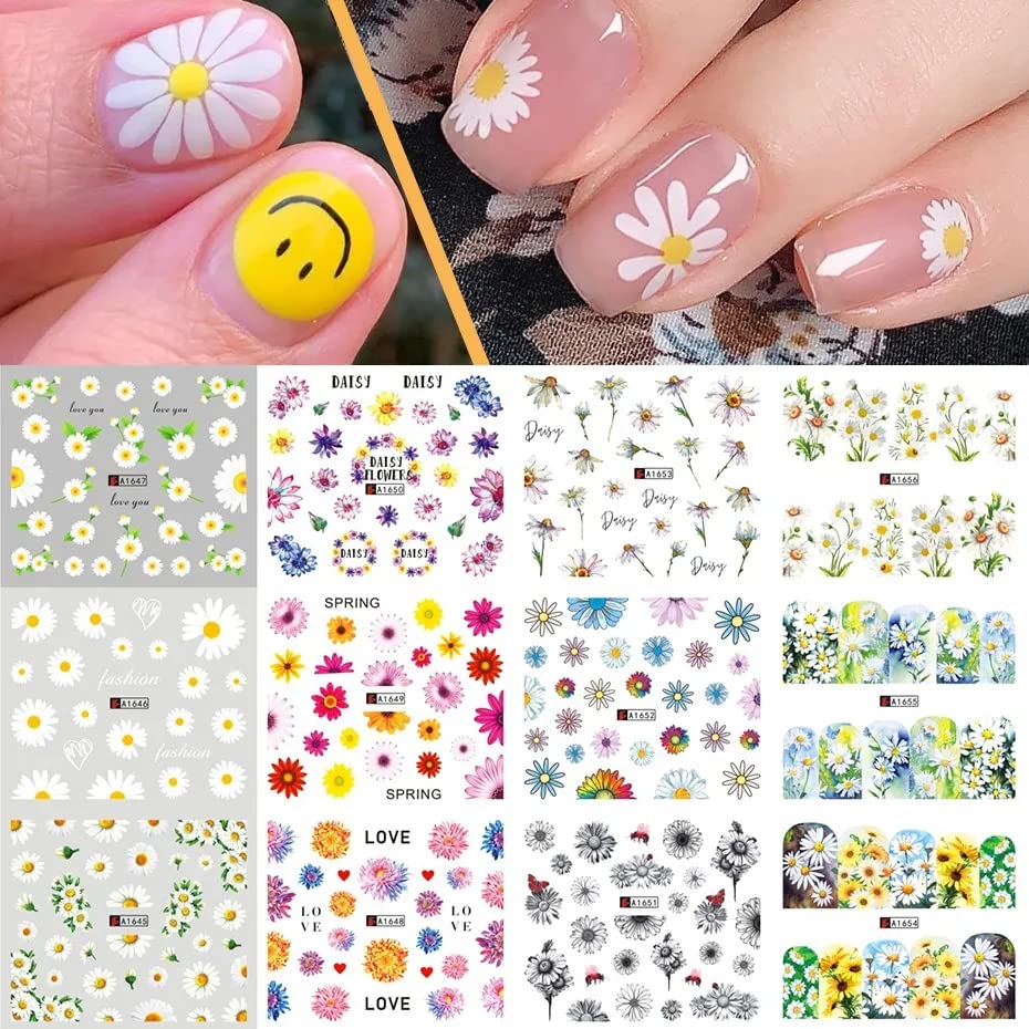 Daisy Nail Art Stickers Decals, 12 Sheets Flower Designs Water Transfer Nails Foils Spring Summer Daisy Nail Art Supplies Watermark Slider Nail Stickers Manicure DIY Decorations for Women