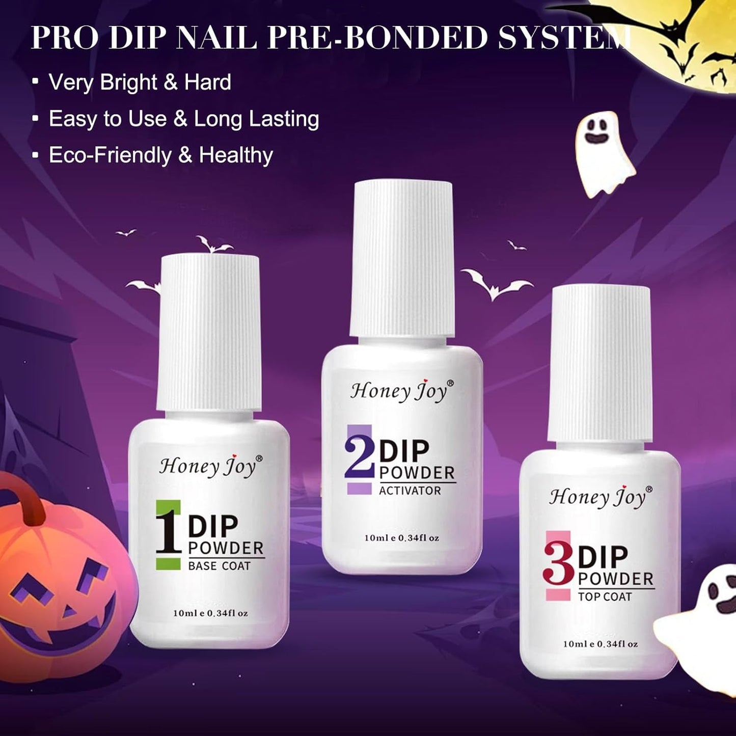 Honey Joy Dip Powder Nail Kit Starter, 4 Colors Halloween Witch Black Pumpkin Orange Mystic Purple Dipping Powder Liquid Set with Base Top Coat for Nail Art Manicure Salon DIY, Dip-7pcs-No.10