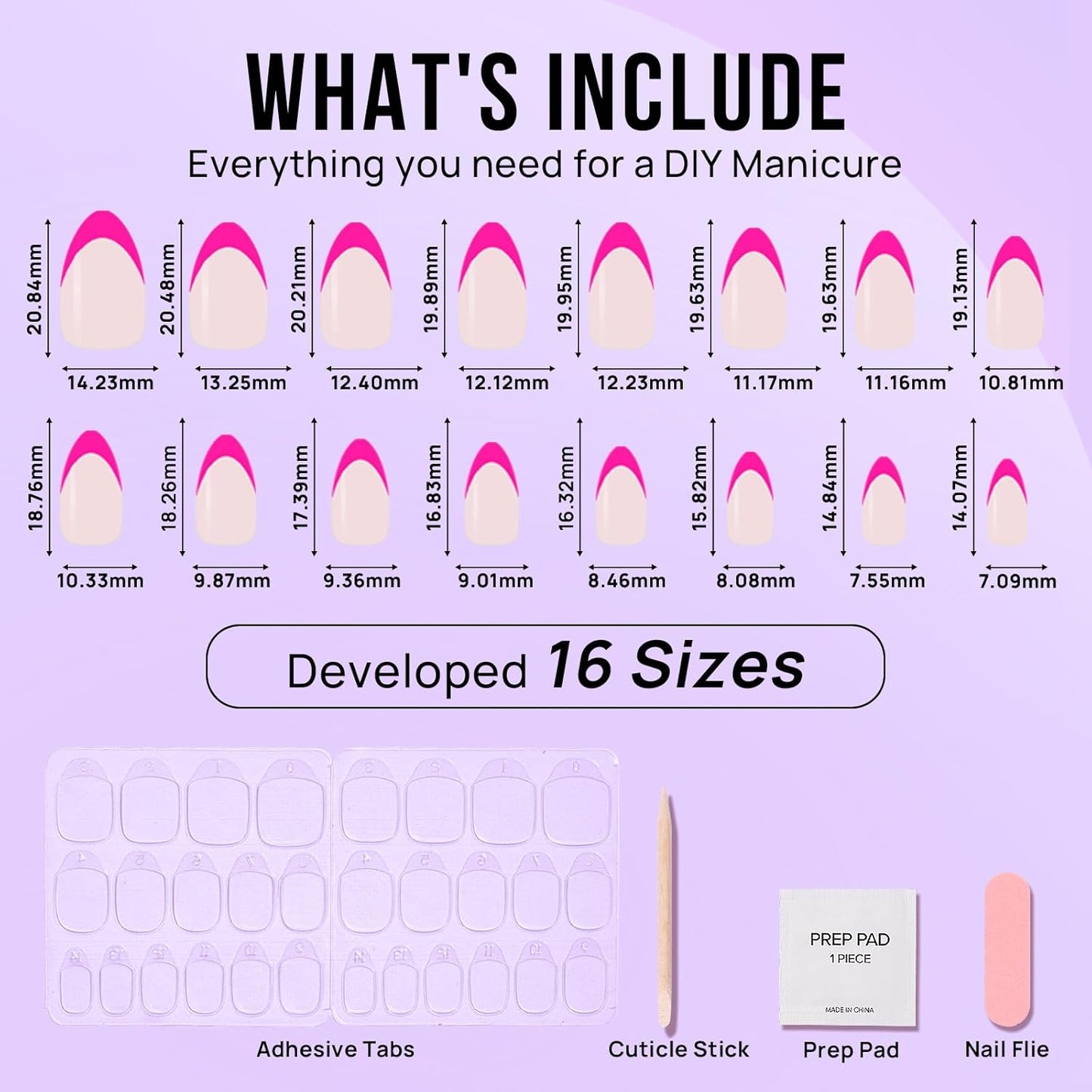 French Tip Press On Nails Almond - BTArtbox Hot Pink Short Stick On Nails for Women, Glue On Nails with Nail Glue in 16 Sizes - 30 Soft Gel Fake Nails Kit, Berry French