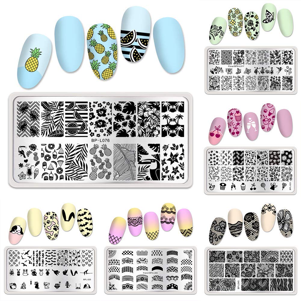 BORN PRETTY Nail Art Stamping Plates Set, Food, Bunnies, Flowers, Lace, Tropical, French Tip Themes Manicuring DIY Nail Templates Plates Print Tool Set