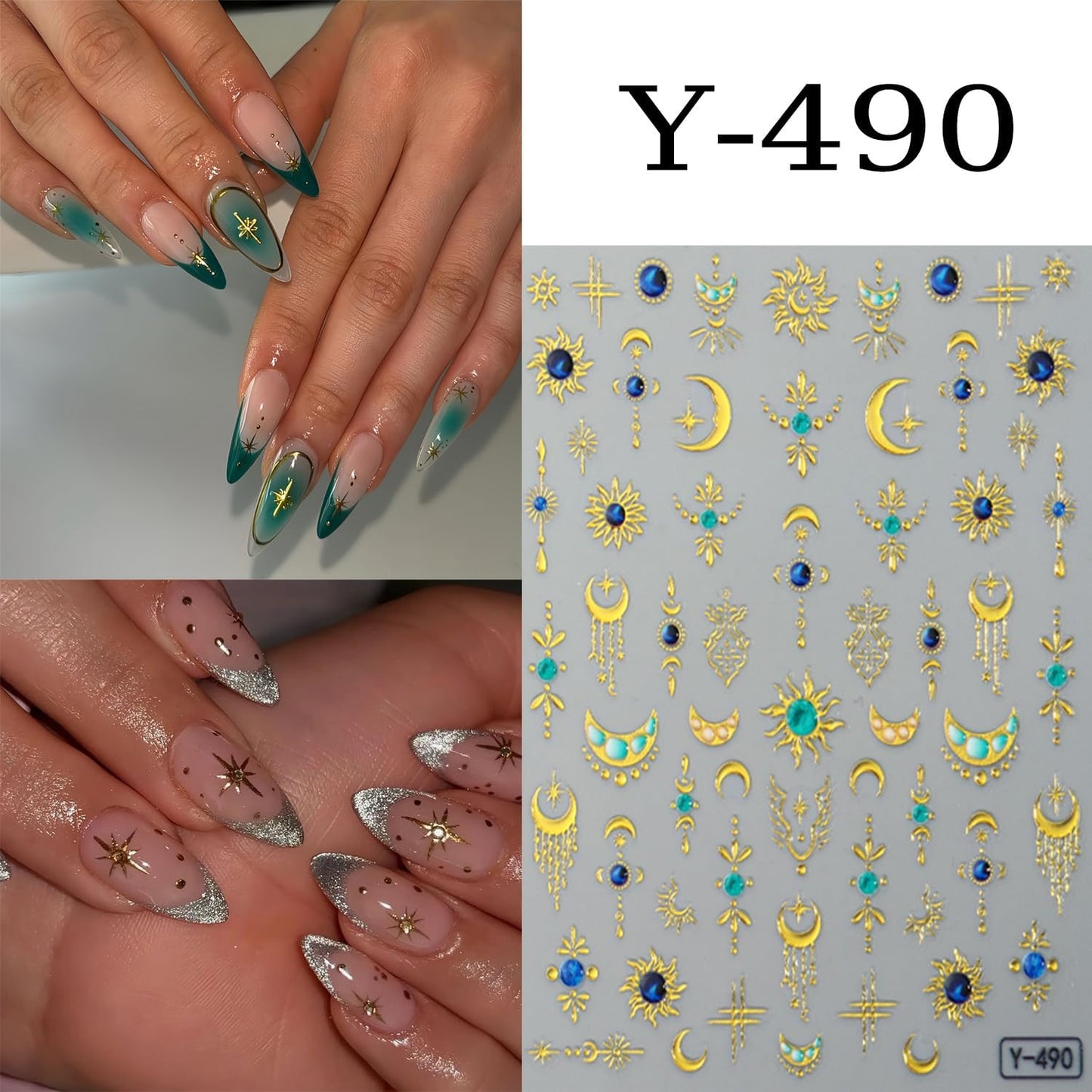 6 Sheets Hot Stamping Gold & Silver Star Nail Art Stickers 3D Self -Adhesive Moon Stars Nail Decals Holographic Pendant Vintage Moon Nail Stickers Unique Nail Decoration for Women Manicure Supplies