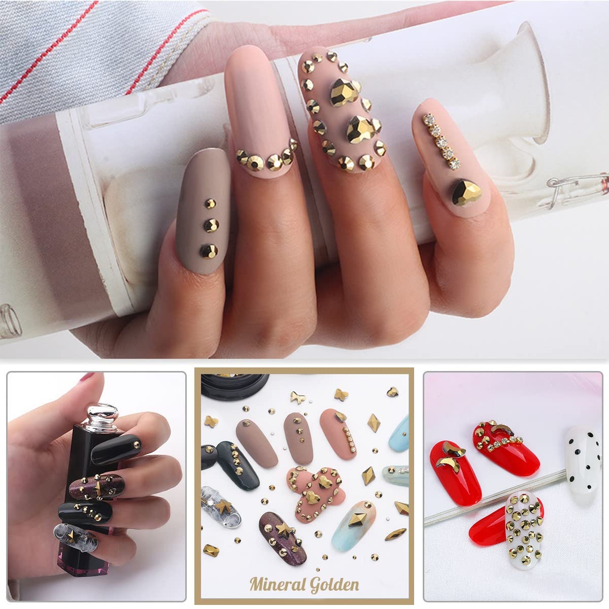 Old Golden Nail Rhinestones 120 Multi Shapes Flatback Gems K9 Glass Stones Metallic Gold Round Beads Diamonds Jewels Crystals w Pick Pen Charms for Nails Faces Eyes Makeup Crafts Clothes Shoes