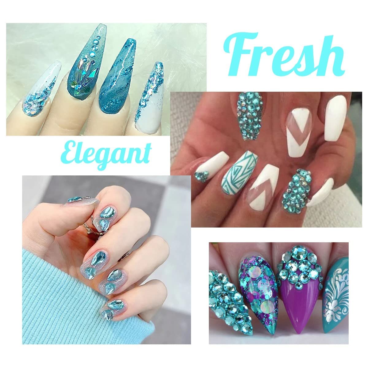 3 Boxes Aquamarine Nail Rhinestones Multi-Shapes Lake Blue Big Gems Stones K9 Glass Water Blue Flatback Round Beads Crystals Nail Art Charms for Nails Face Eyes Makeup Crafts Tumblers Bottles