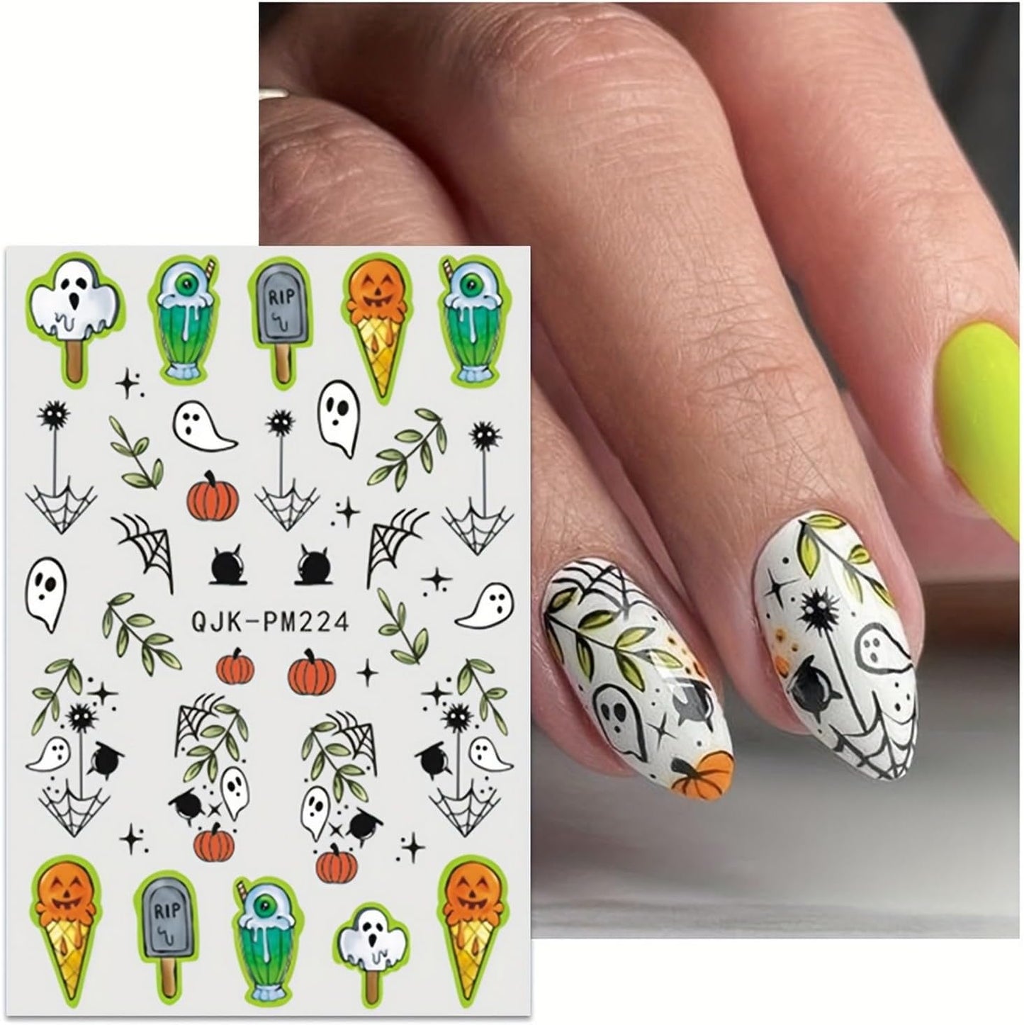 Halloween 9 Sheets Cute Nail Stickers Decals for Art - Ghost, Brown Flower, Pumpkin - Fall Self-Adhesive 3D DIY Supplies for Women, Girls & Kids