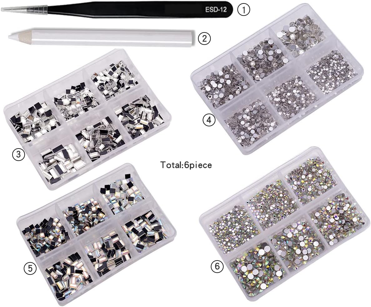 Nail Art Rhinestones K9 Glass Crystal Iridescent AB Clear Flatback Diamonds for Round &Square Gems Stones Constitute in 6 Mixed Sizes Jewels Set for Nail Design DIY Multiple 2920PCS + Pen Tweezers