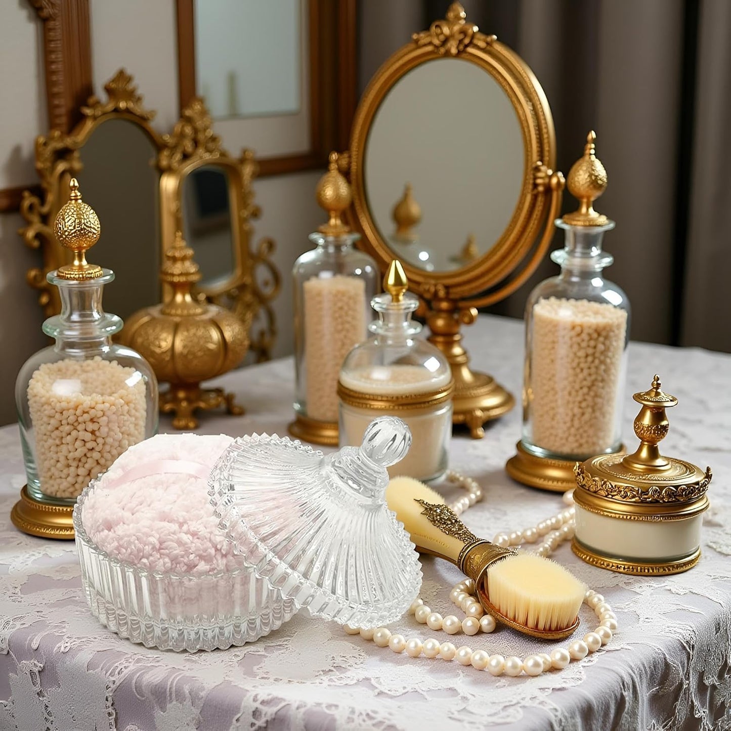 Extra Large Body Powder Puff and Container - Vintage Glass Dusting Powder Container with Soft Puff for Women & Girls (5.9x5.9x5.9 IN)-GRB010-Transparent