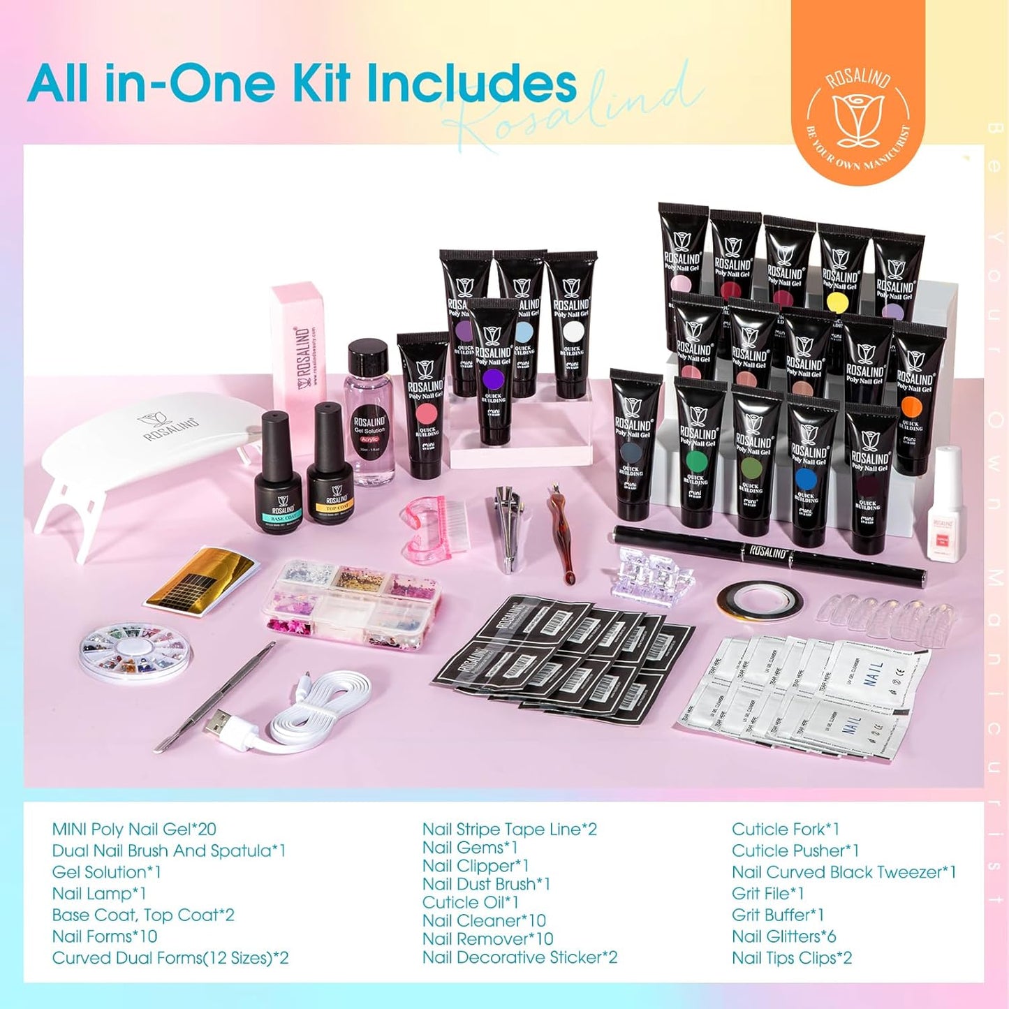 ROSALIND 20 Colors Poly Nail Gel Kit with Mini Nail Lamp Glitter Poly Nail Gel Kit Collection with Tools Clear All Seasons Classic Colors Halloween Starter Kit