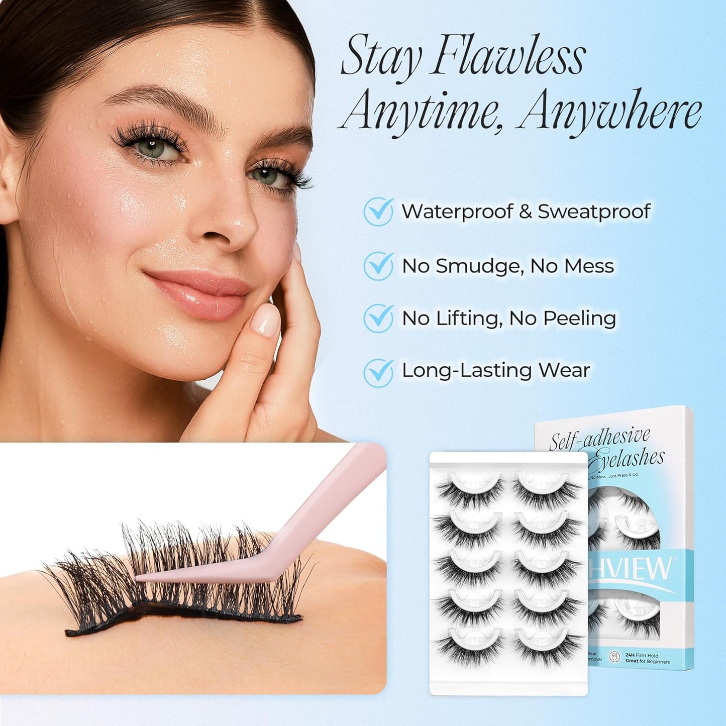 LASHVIEW Self Adhesive Eyelashes 5 Pairs Cat Eye Wispy Self-adhesive False Lashes Reusable Natural Look Press On Lashes No Glue Need Eyelashes with Replacement Adhesive Strips (CV131)