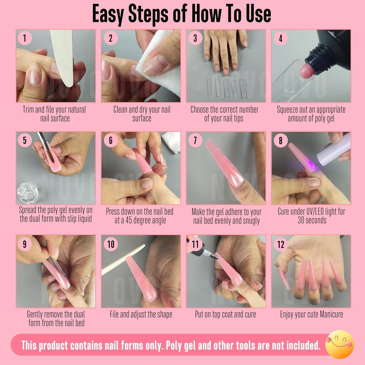 Tapered Square (Natural not Sculpted) Nail Dual Forms for Poly Gel Extension with Guiding Line Inside, XL XXL Reusable Full Cover Acrylic Builder Hard Gel Polygel Molds x 15 sizes 150 Pcs